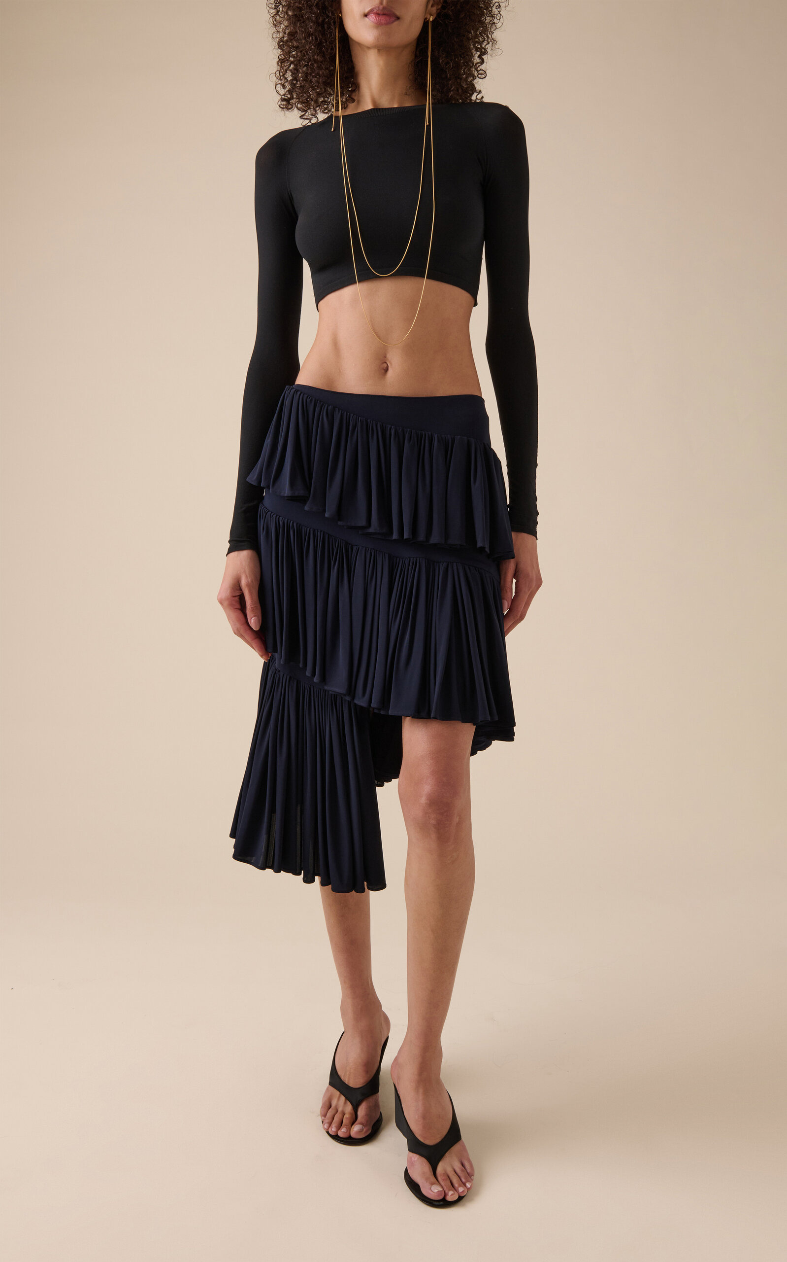Spiral Tiered Cotton Midi Skirt blue - 3