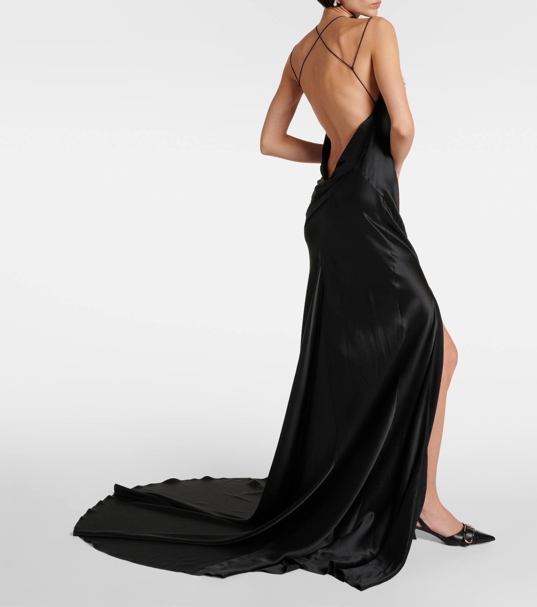 Halterneck lace-trimmed silk satin gown - 3