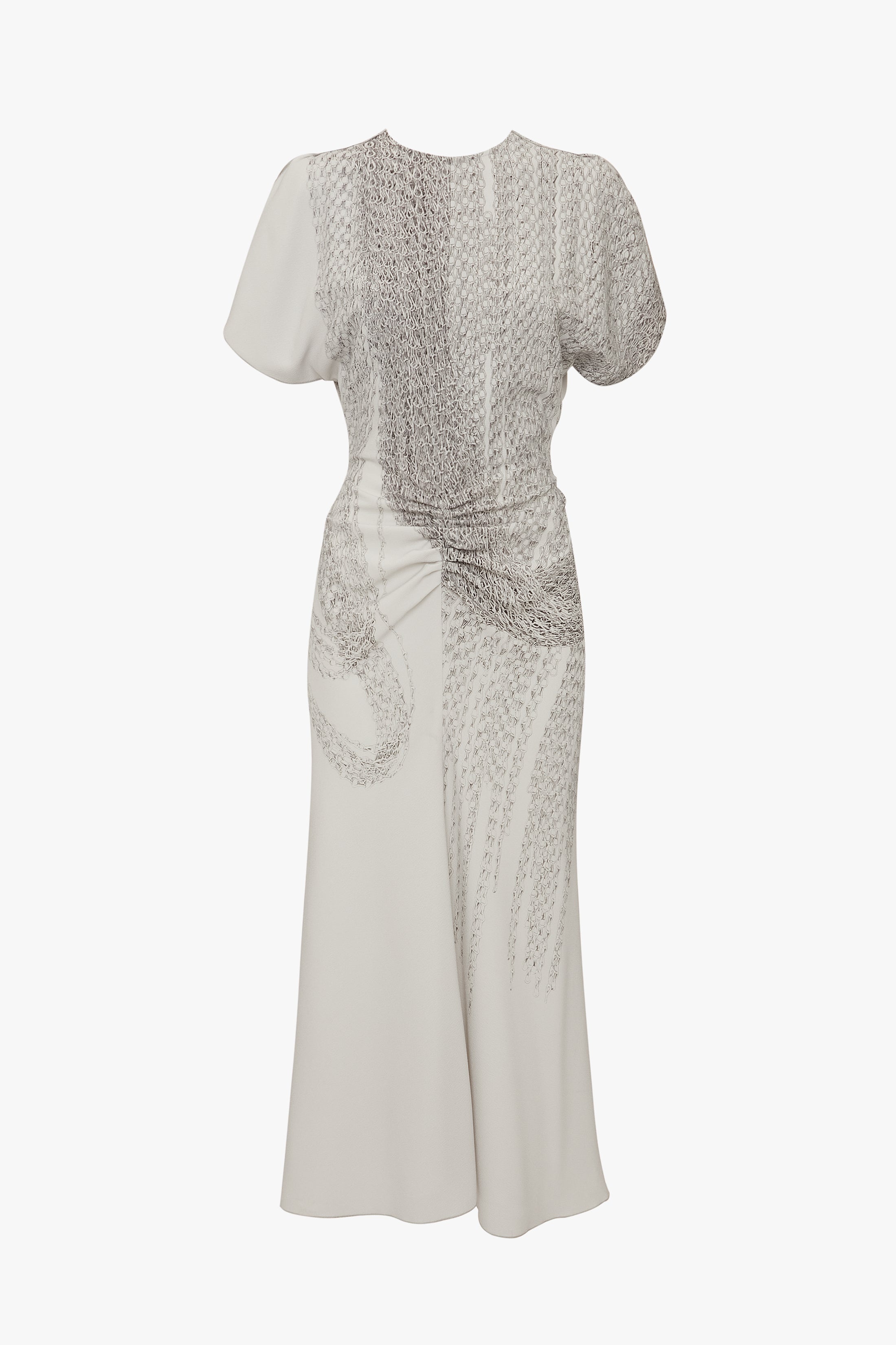 Gathered Waist Midi Dress In Grey Mist-Silver Chain Print - 1