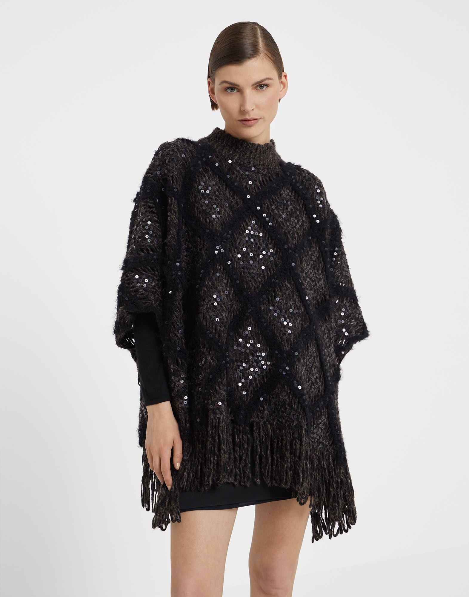 Wool and alpaca knit poncho with dazzling macro argyle embroidery - 1