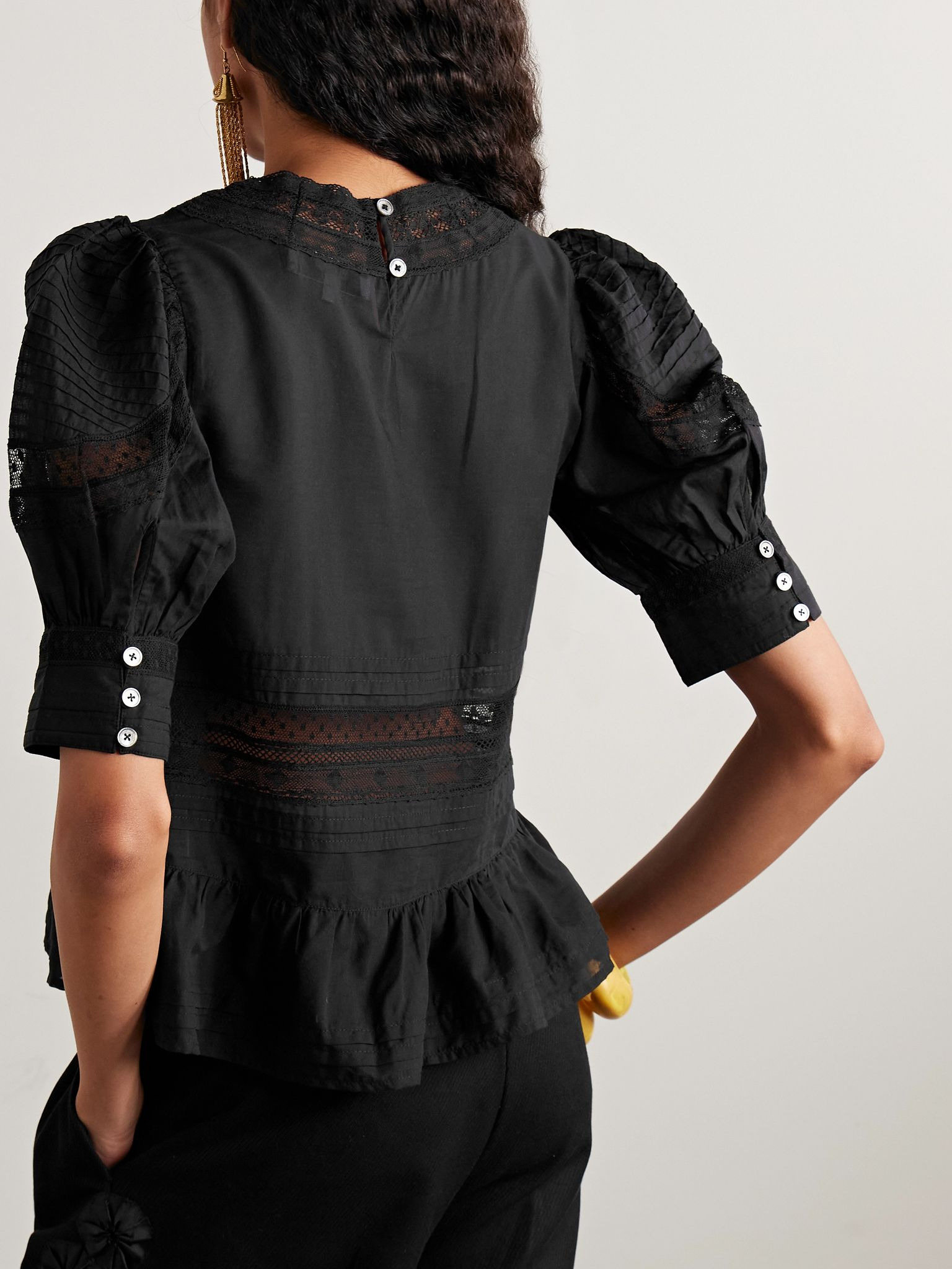 Franca lace-trimmed cotton-blend voile blouse Black - 3