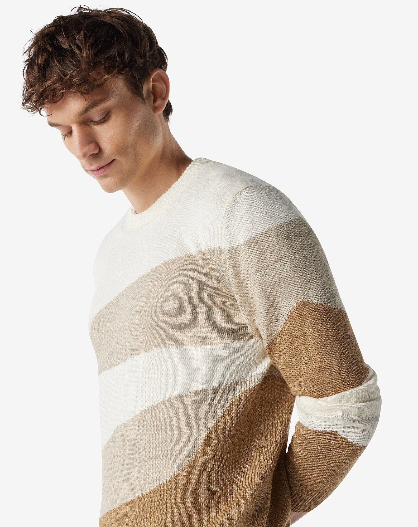Sandy beige crew neck linen and silk knitwear - 4