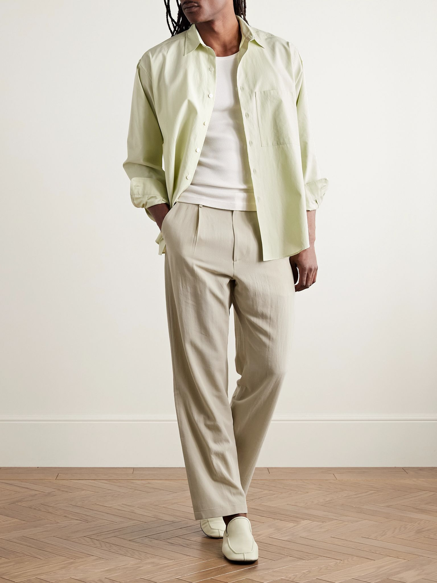 Straight-Leg Pleated Cotton and Wool-Blend Gabardine Trousers Beige - 2