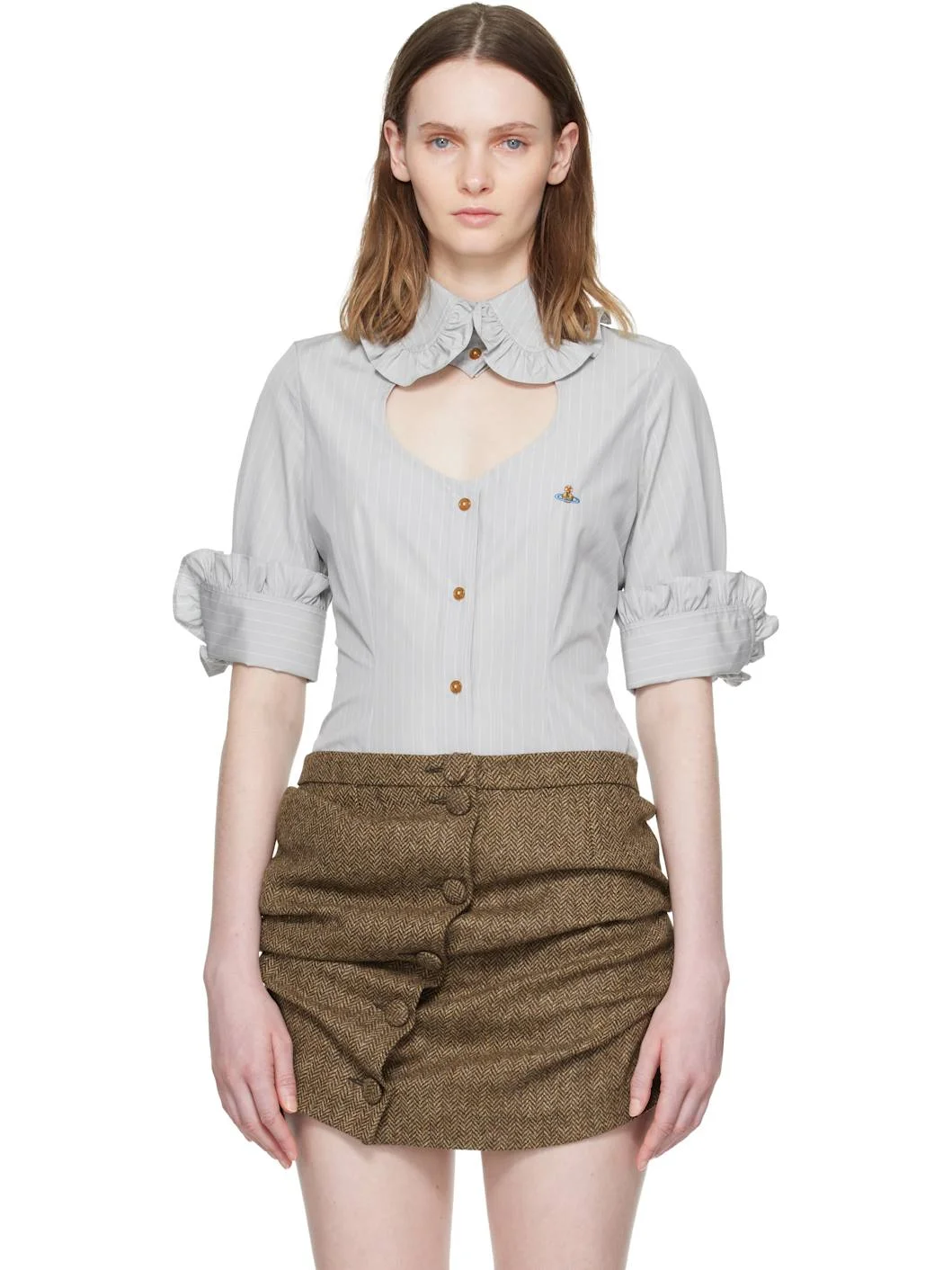 Gray Pinstripe Shirting S/S Toulouse Frill Shirt - 1