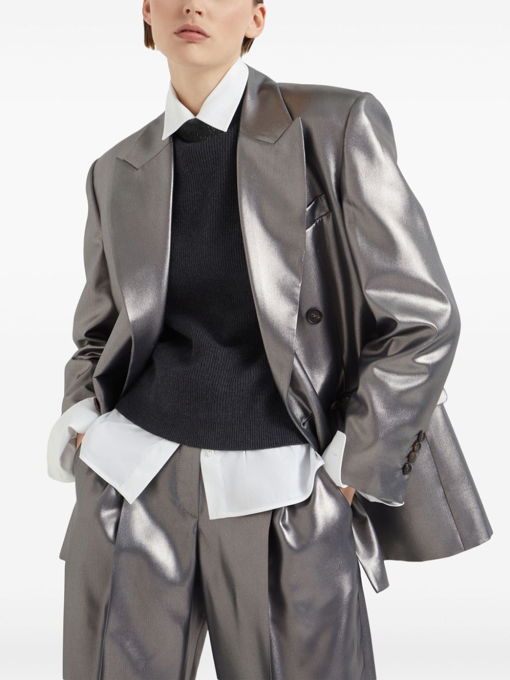 double-breasted metallic blazer - 6
