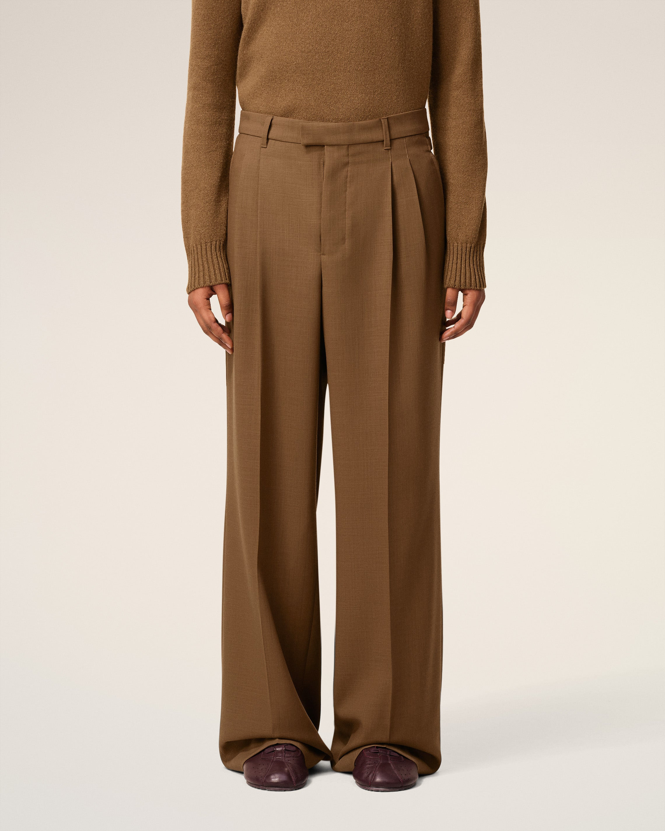 BROWN WOOL TABS WIDE TROUSERS - 3