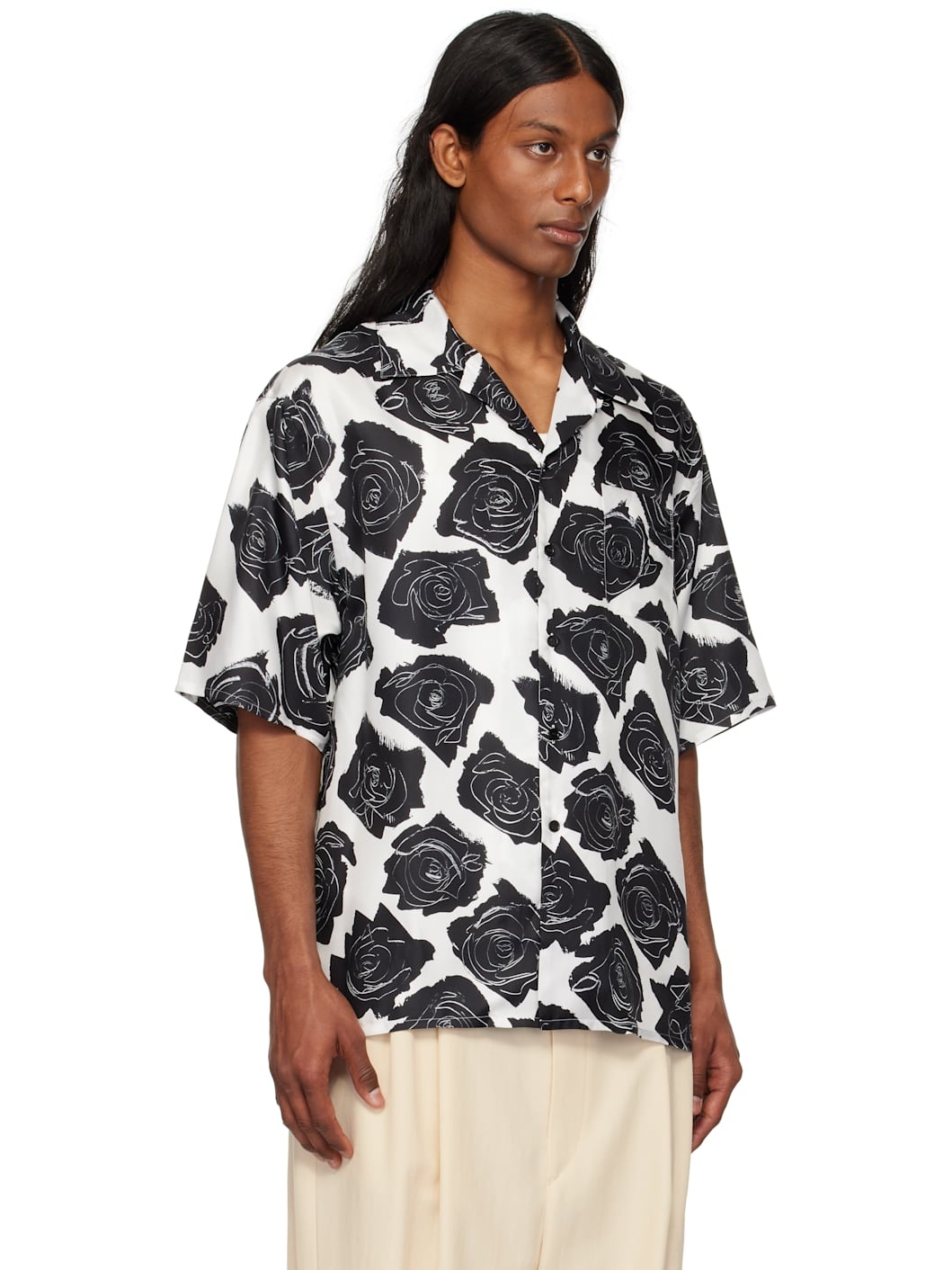 White & Black Cybele Print Silk Bowling Shirt - 2