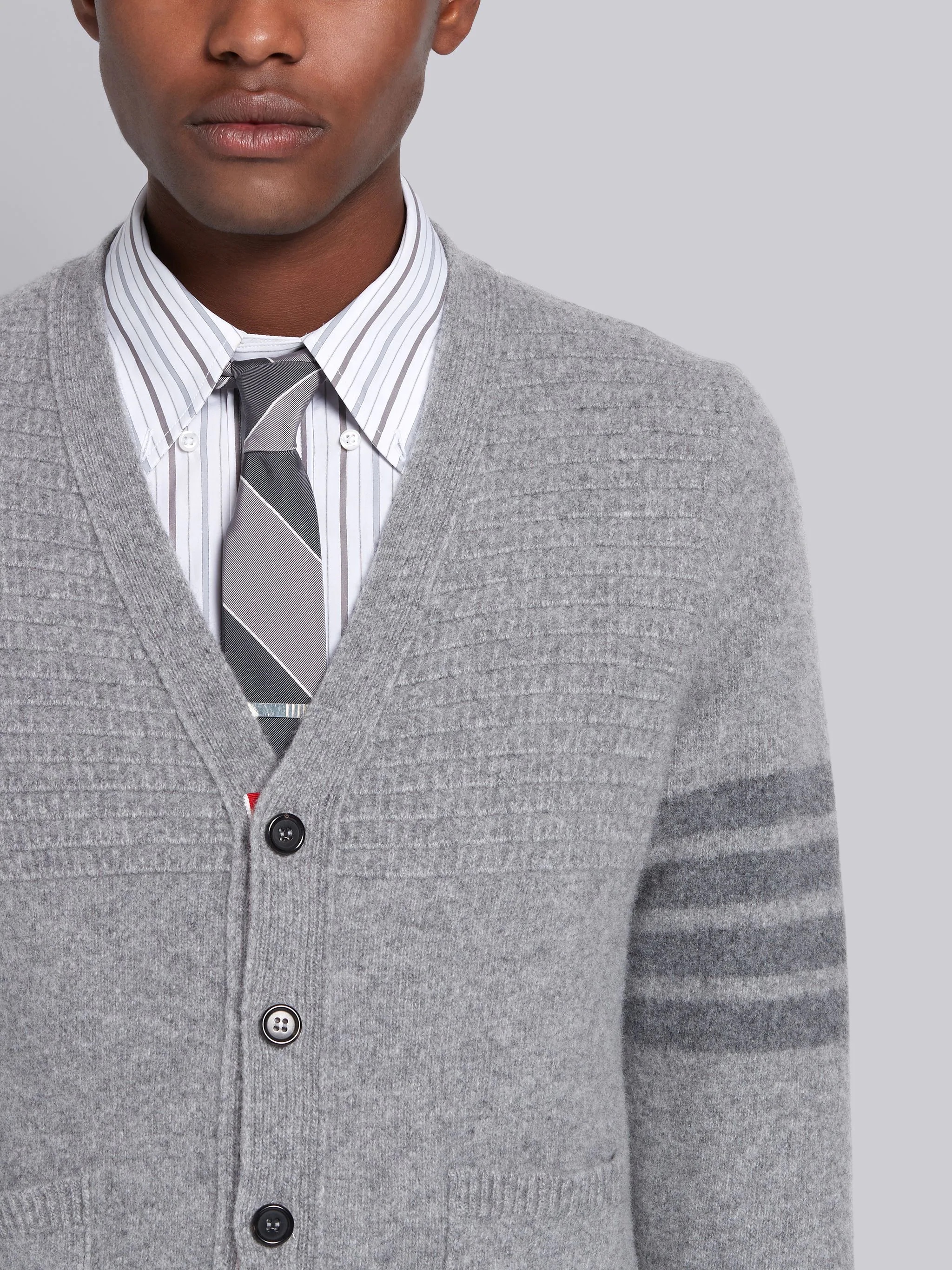 Light Grey Overwashed Wool Cashmere Variegated Cardigan Stitch Tonal 4-Bar V-neck Cardigan - 5