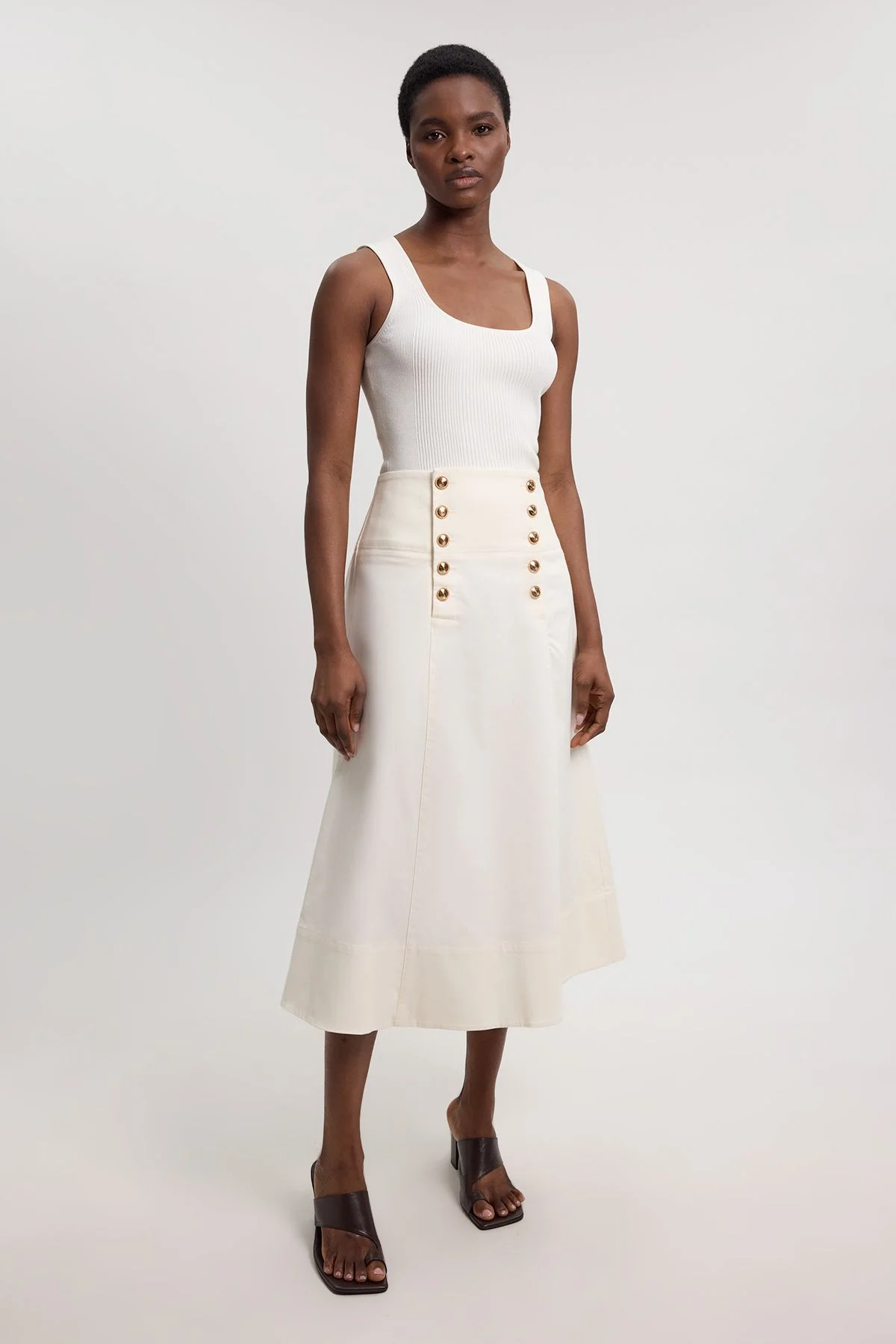 Cotton Tailored Button Detail Midi Skirt - 1