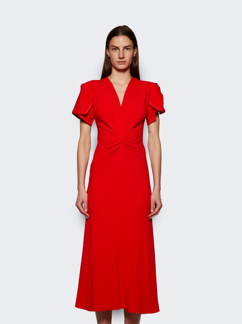 Gathered V-neck Midi Dress Tomato - 3