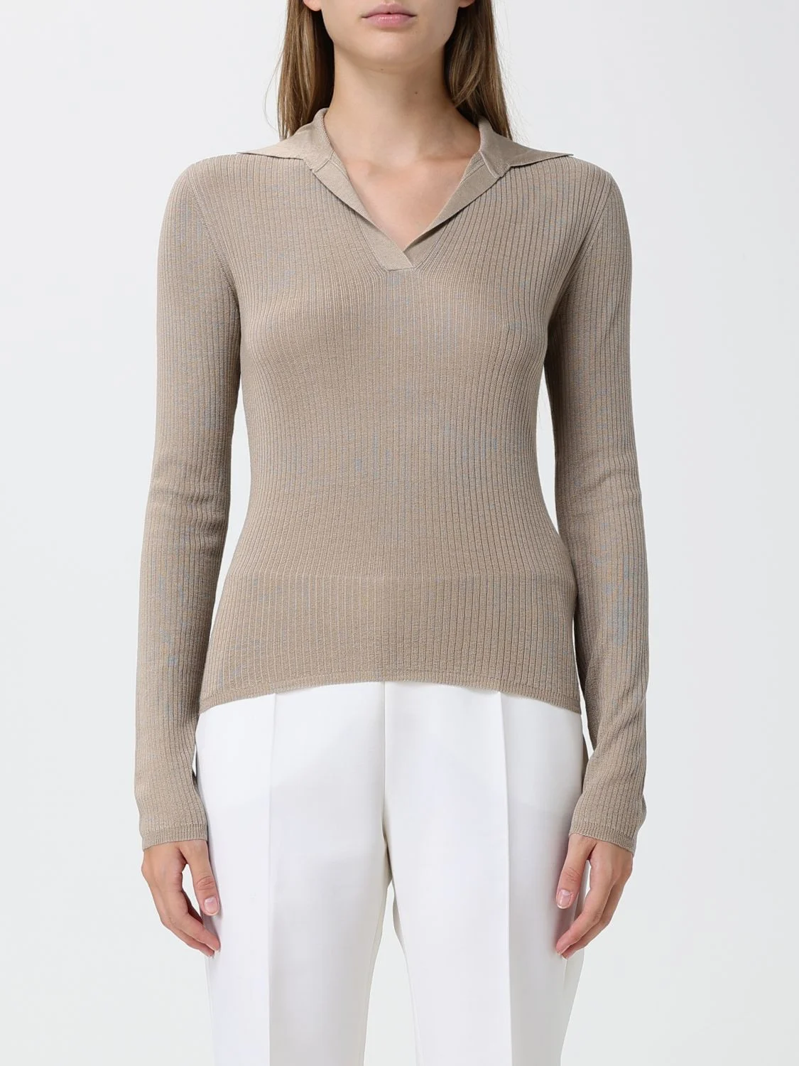 Max Mara Women Max Mara Ribbed Silk And Cashmere Knit Polo With V-Neck And Slim Fit - 1