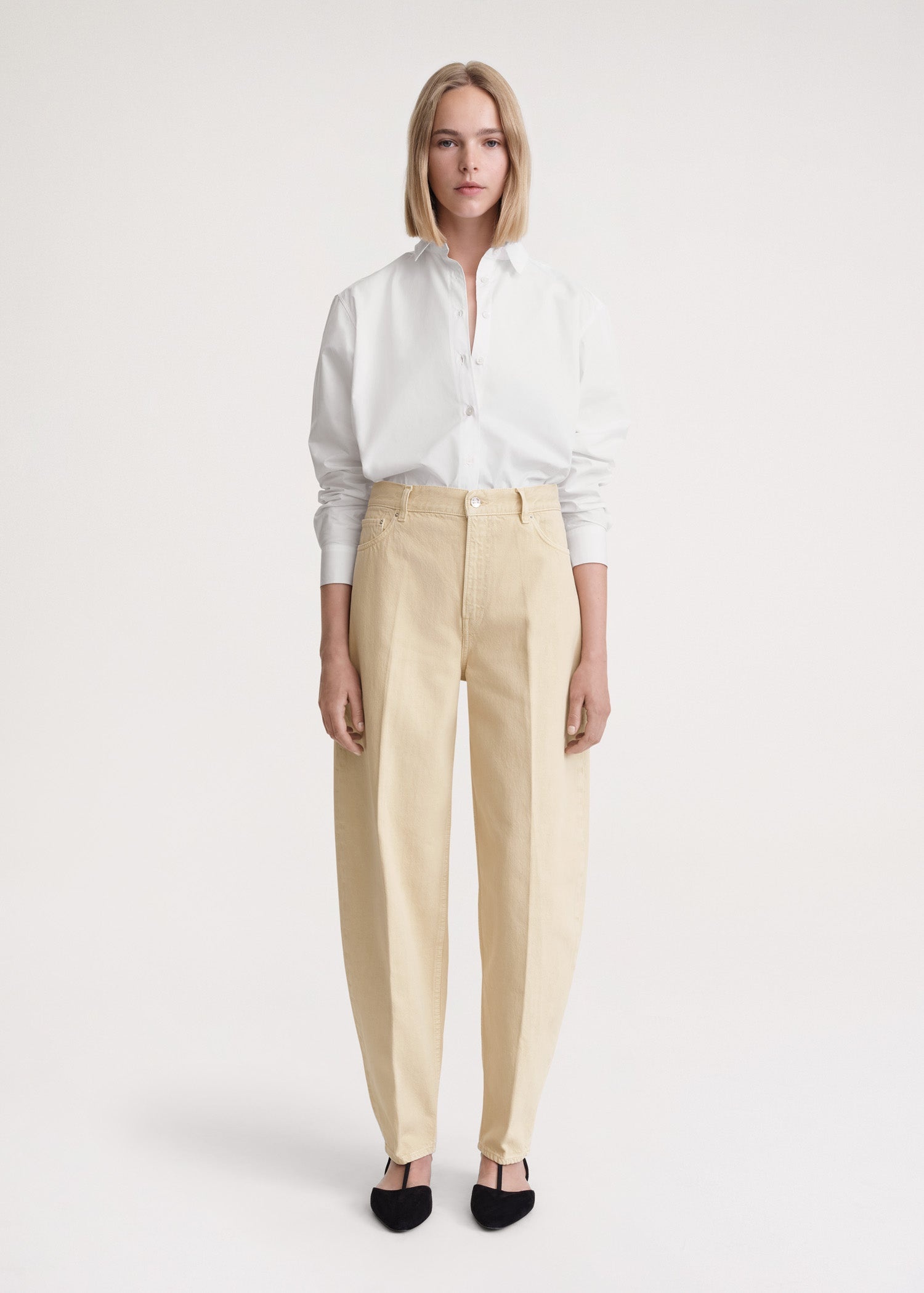 【U LAN】Betty Tin Beige Wide Denim Pants Totême Wide tapered leg denim washed beige | REVERSIBLE