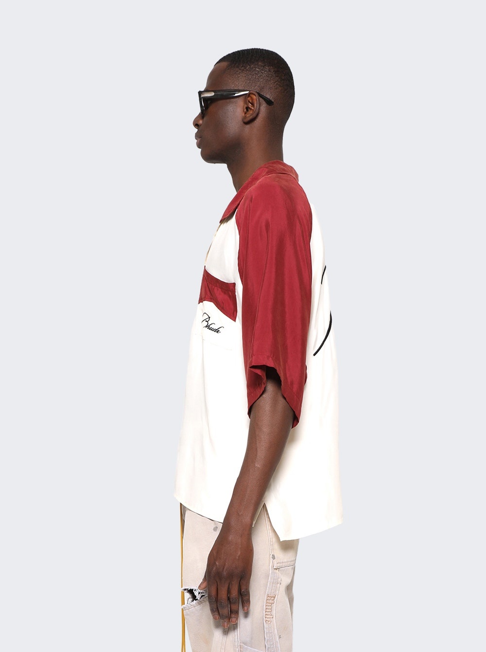 Raglan Poplin Button Up Shirt Maroon and Cream - 4