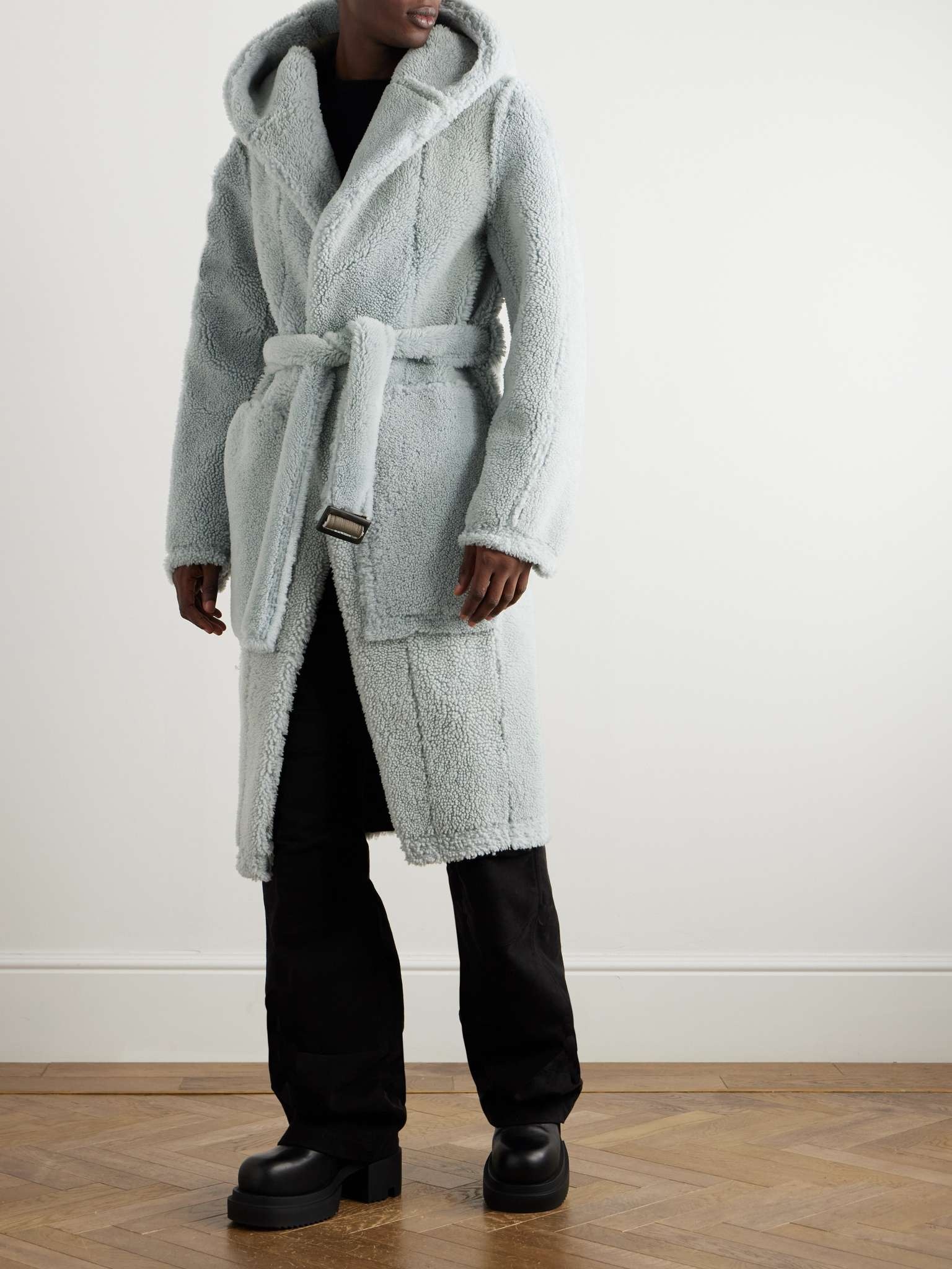 Belted Shearling Hooded Coat - 6