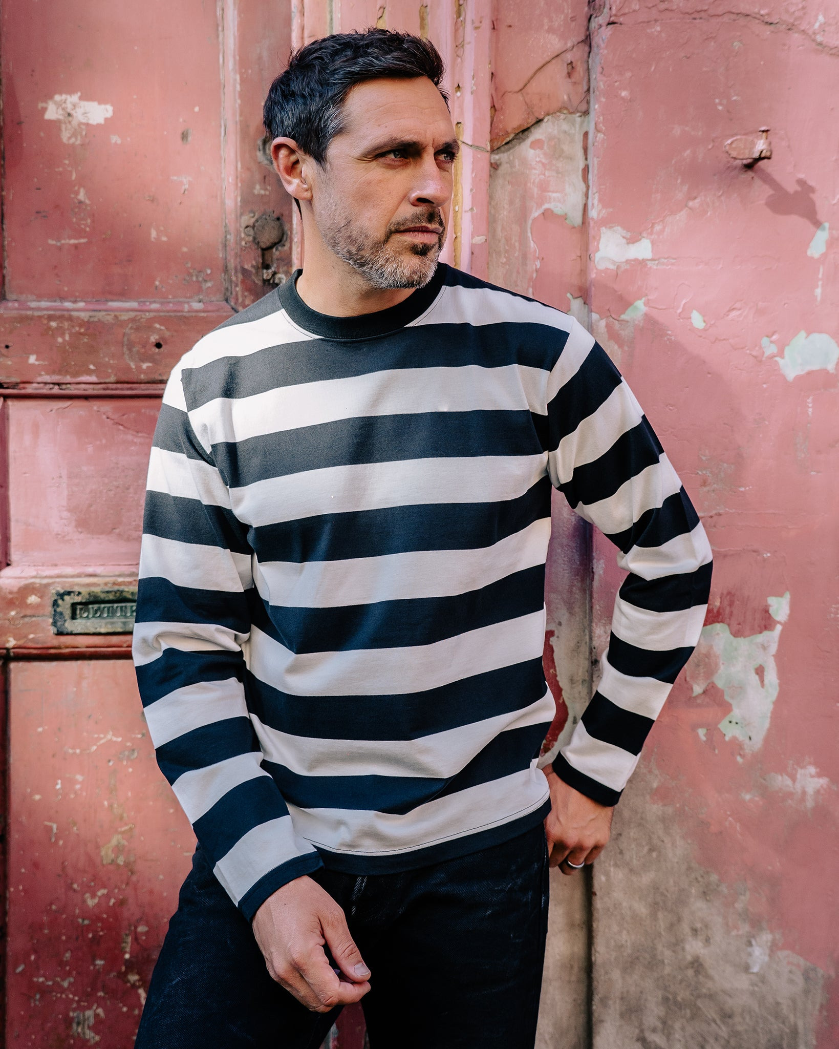 IHTB-09-BLK 7.5oz Cotton Long-Sleeved Crew Neck Border Tee - Black and White Stripes - 4