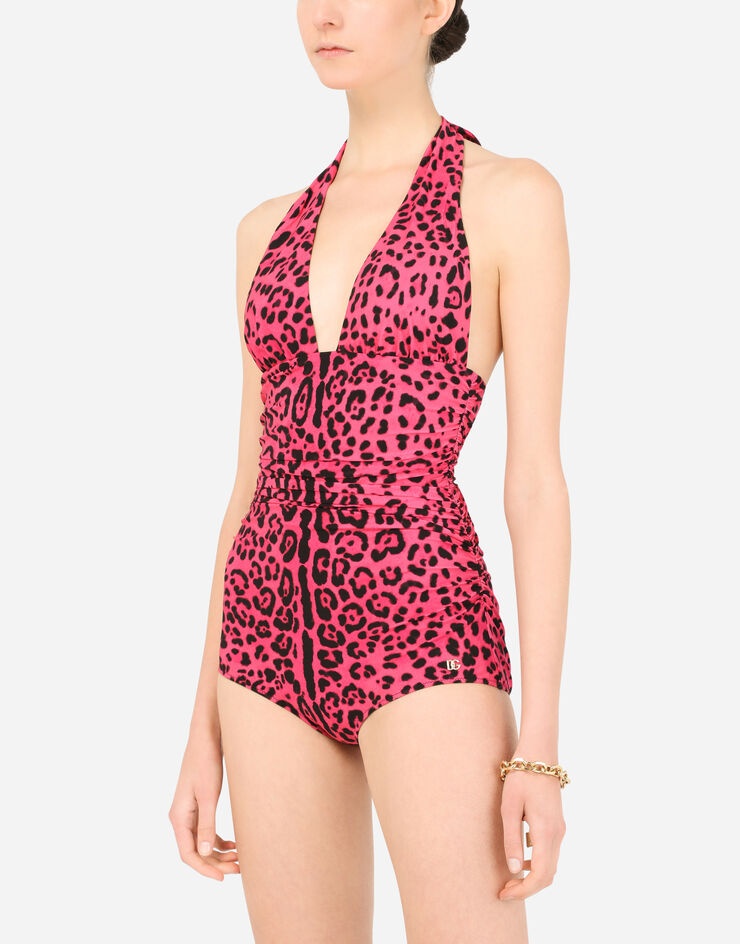 Neon leopard-print one-piece swimsuit with draping - 4