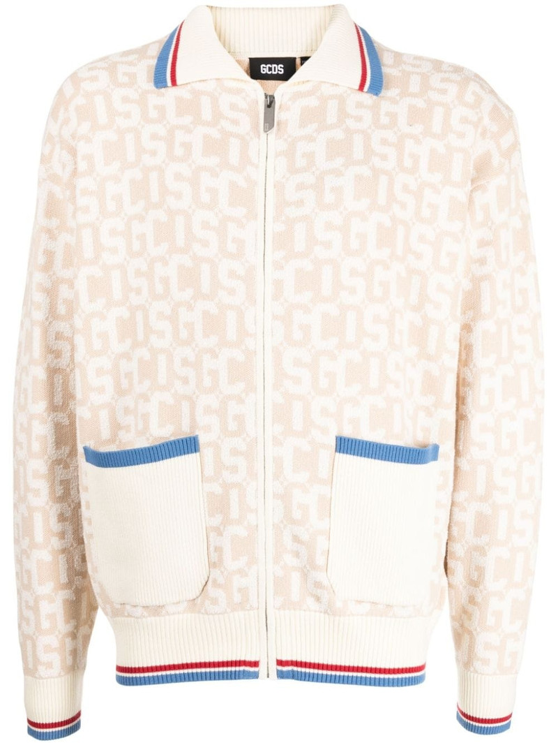 logo intarsia-knit zip-up cardigan 1