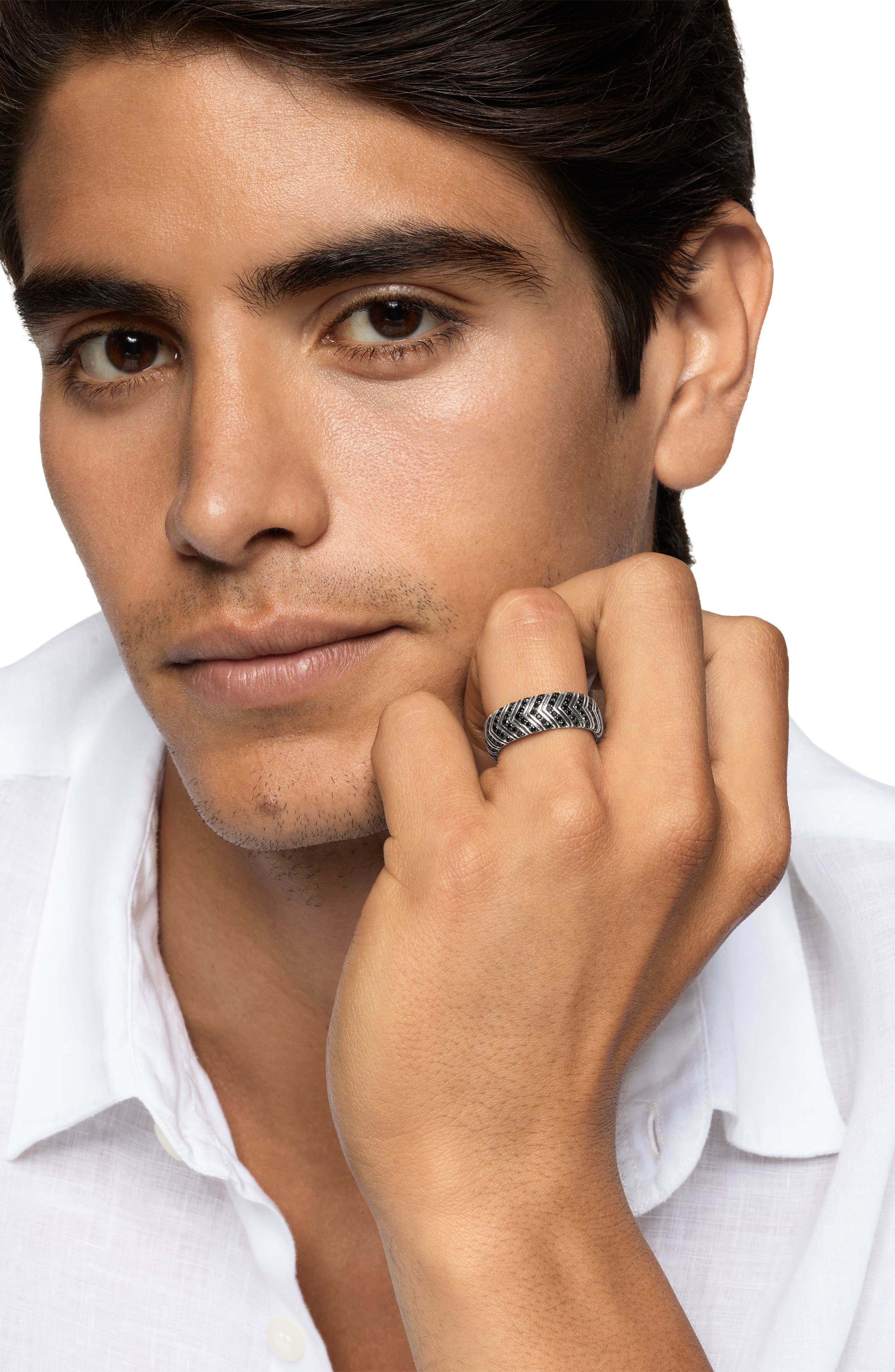 David Yurman Men's Chevron Band Ring in Sterling Silver with Black Diamonds, 8mm in Silver Pave at N - 2