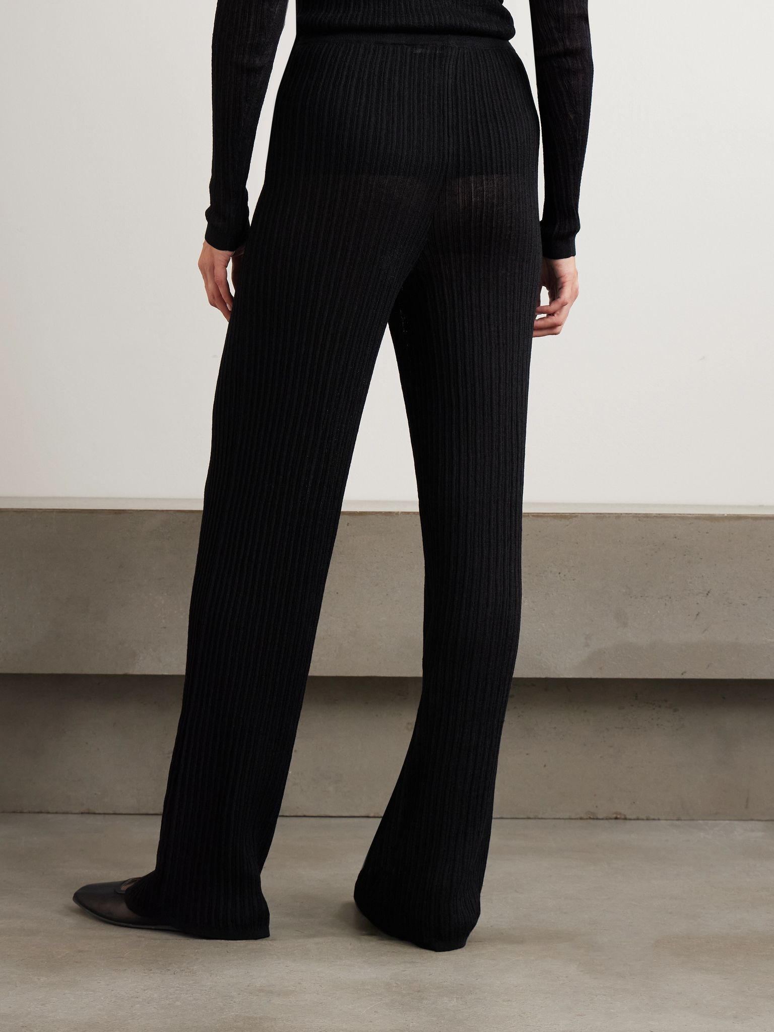 Ribbed-knit wide-leg pants - Onyx Black - 4