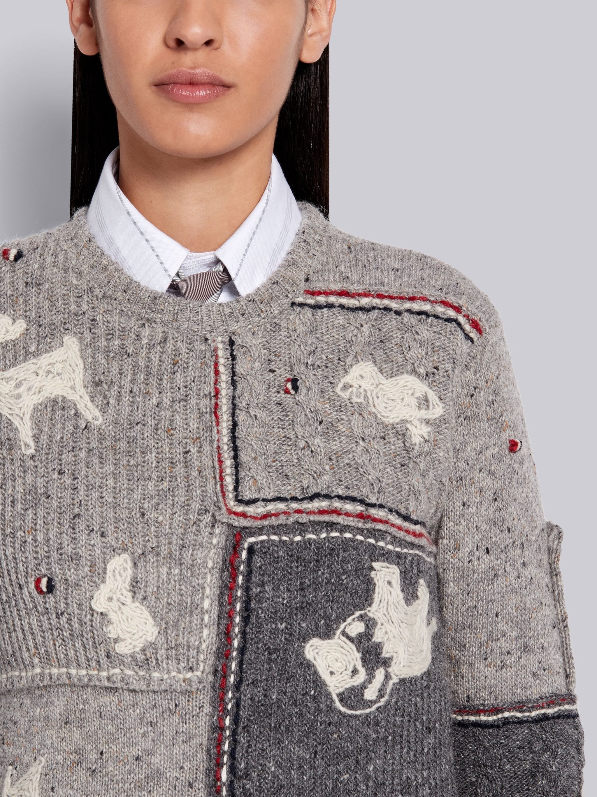 Light Grey Wool Mohair Tweed Hand Embellished Animal Icon Crewneck Pullover - 5