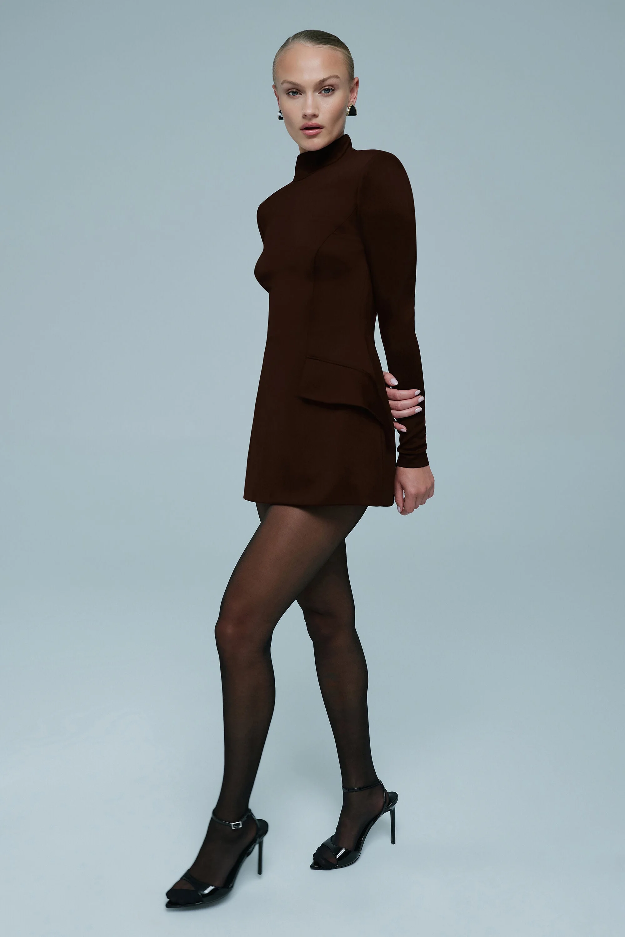 Lizet Long Sleeve Mini Dress In Dark Chocolate - 1