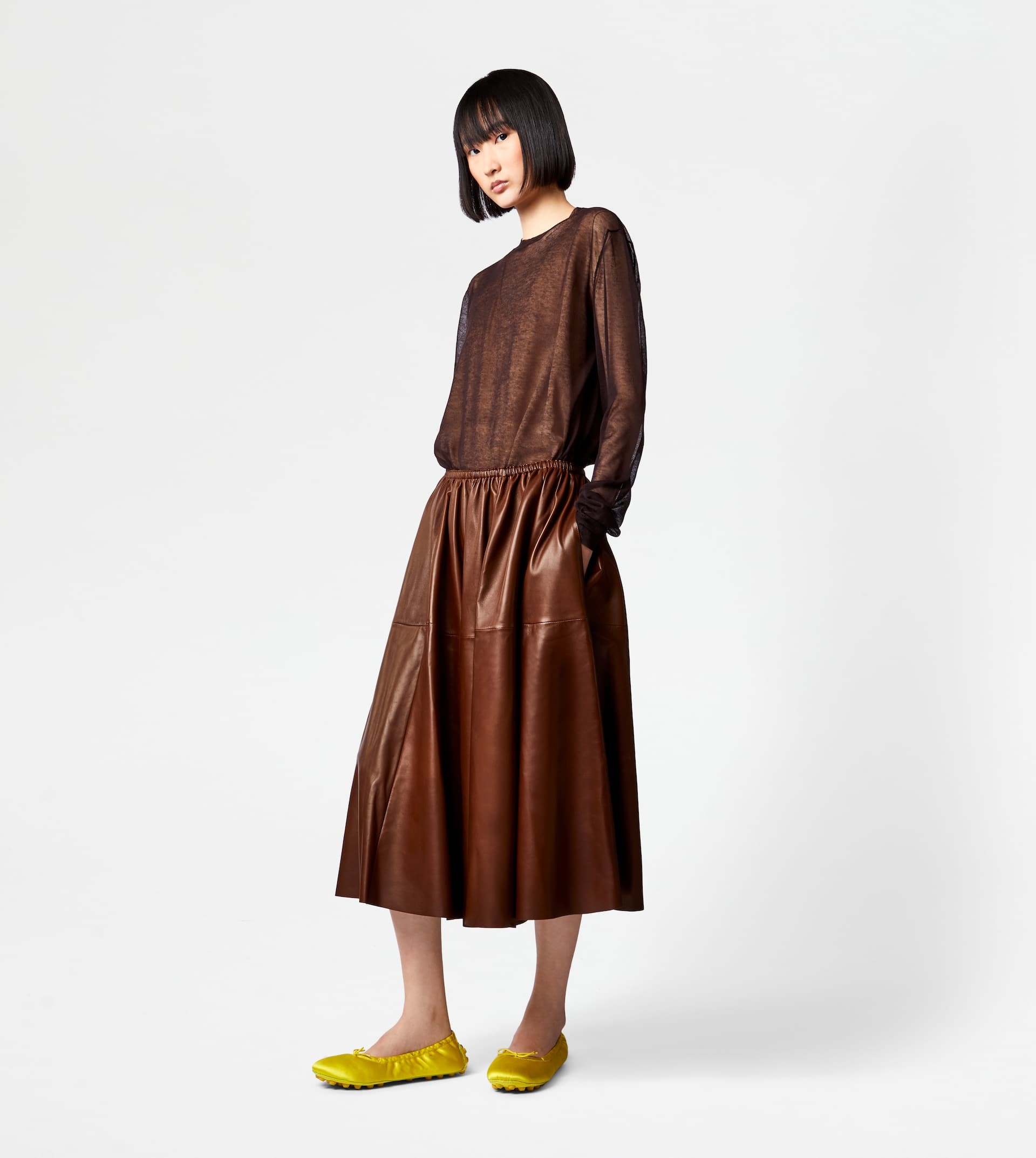 FLARED SKIRT IN LEATHER - BROWN - 4