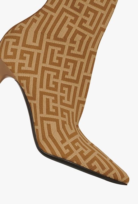 Bicolor nude and sand-colored stretch knit Skye ankle boots with Balmain monogram - 5