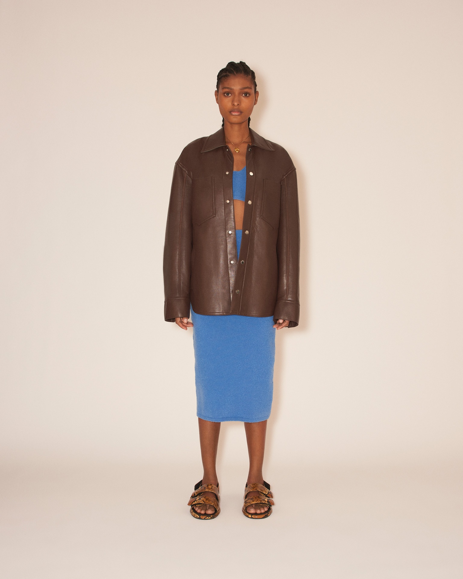 KIORA - Regenerated leather overshirt with contrast knitted collar - Dark Brown - 2