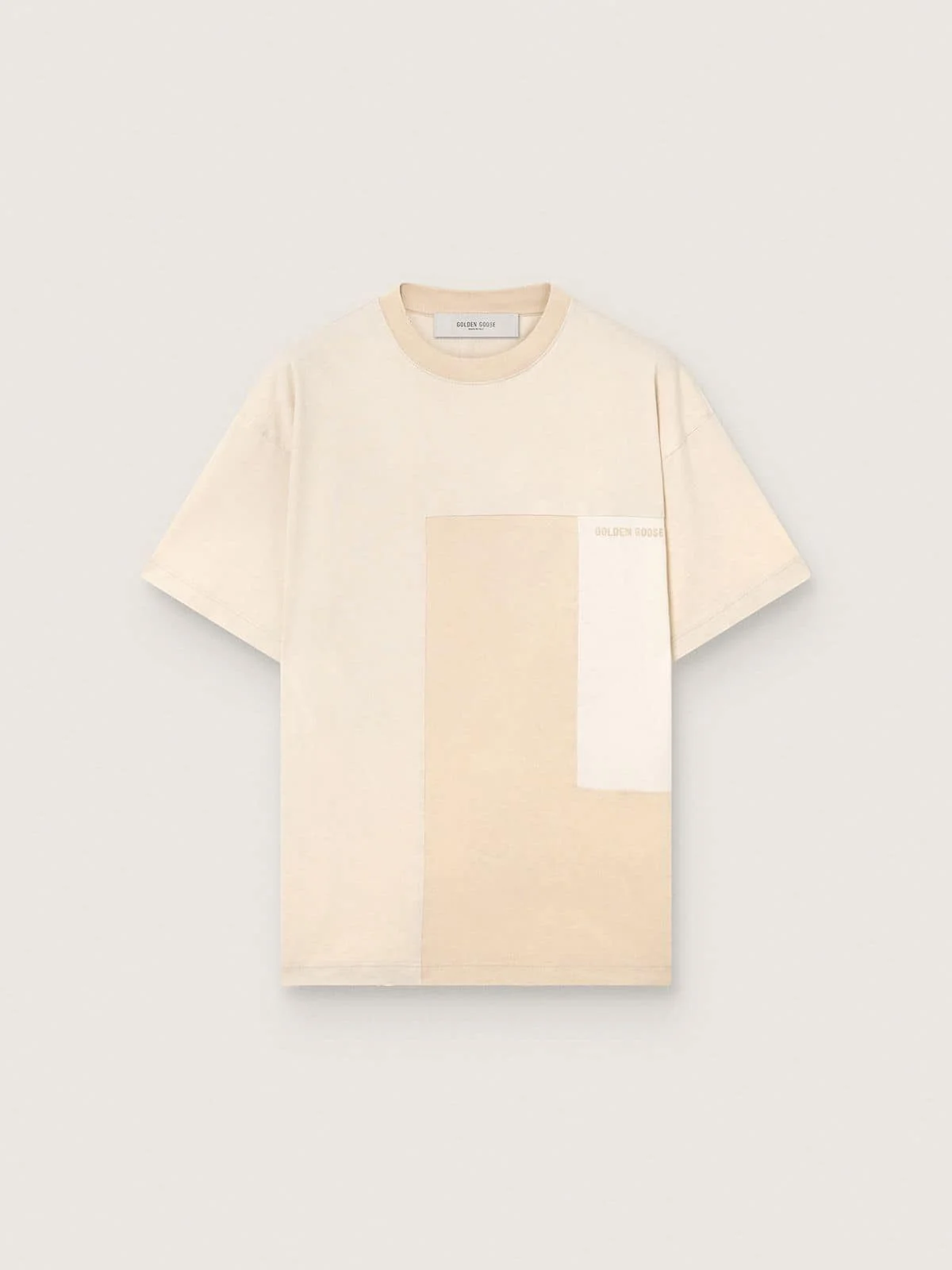 Men's T-shirt in cotton jersey with white and beige patchwork effect - 1