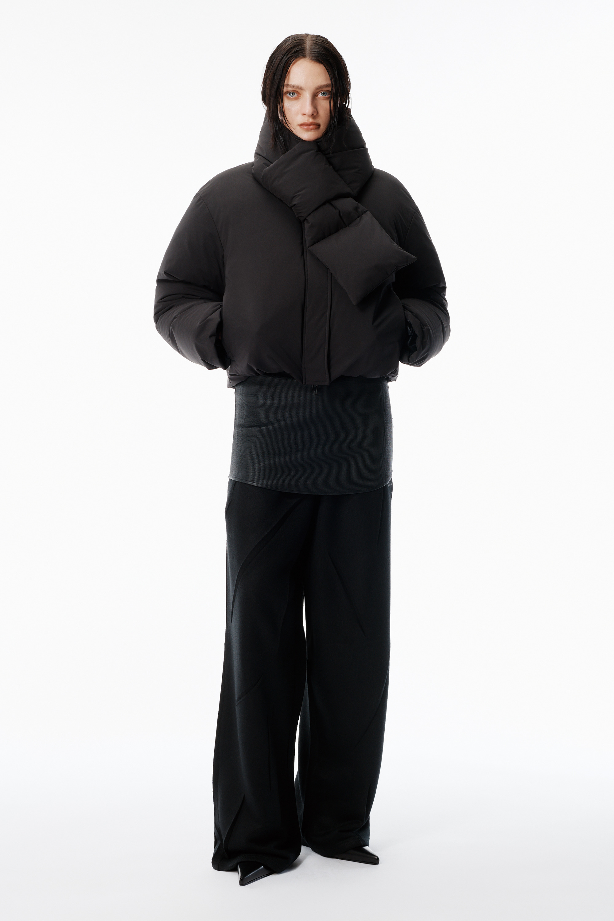 Black Puffer Coat with Detachable Scarf - 2