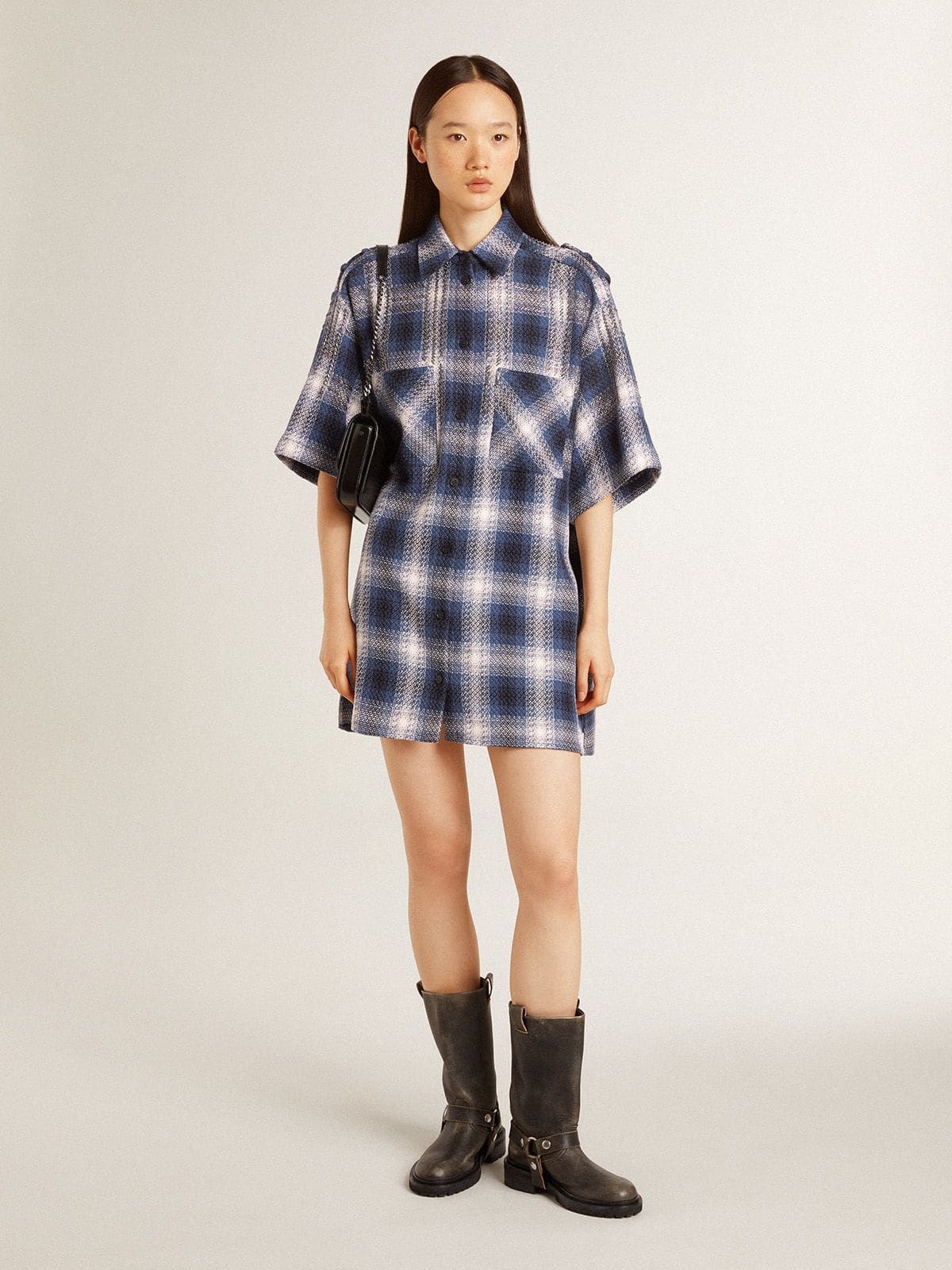 Women's short shirt dress with 3D checkerboard pattern and embroidery - 3