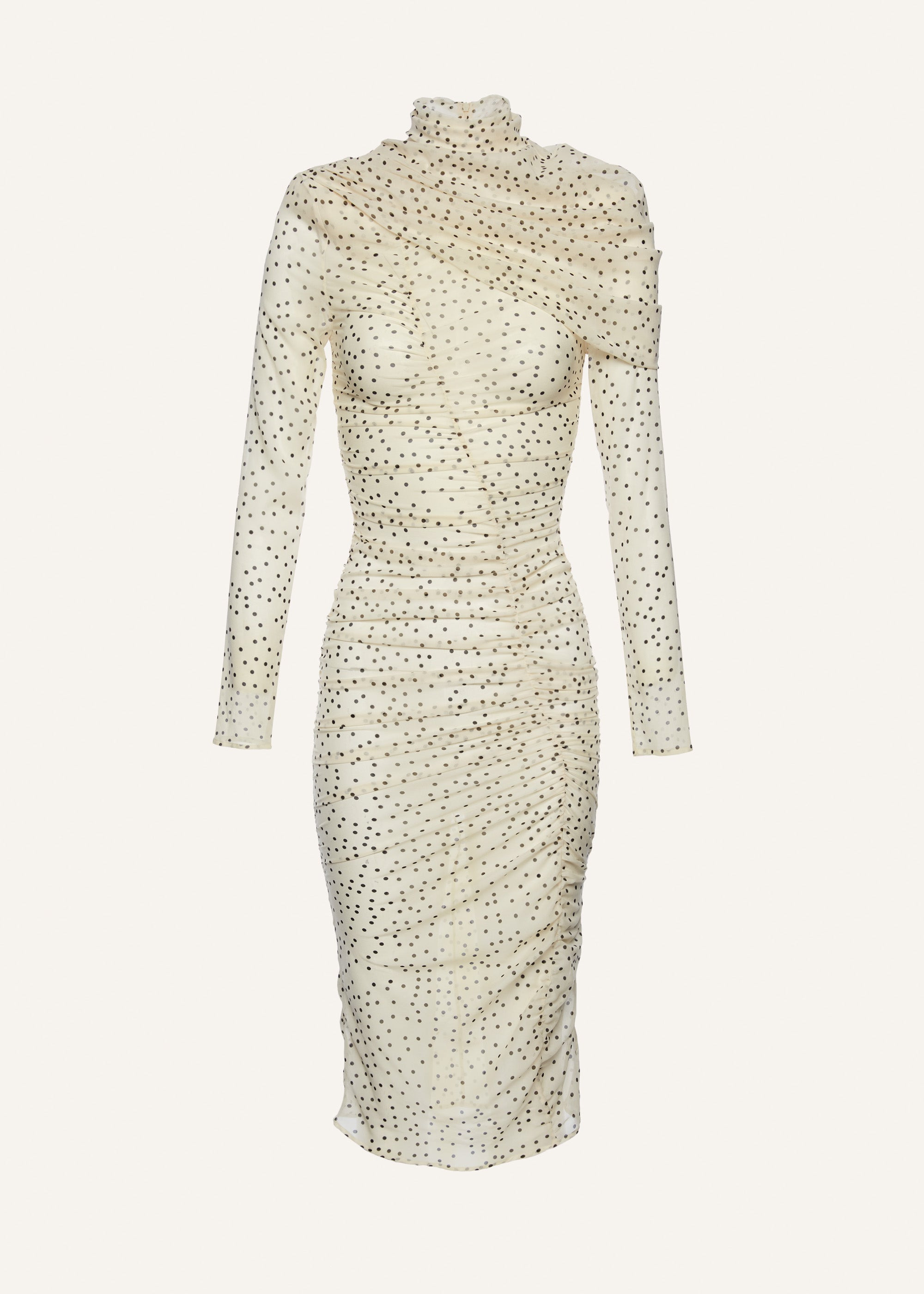 Draped high neck midi dress in cream dots - 1
