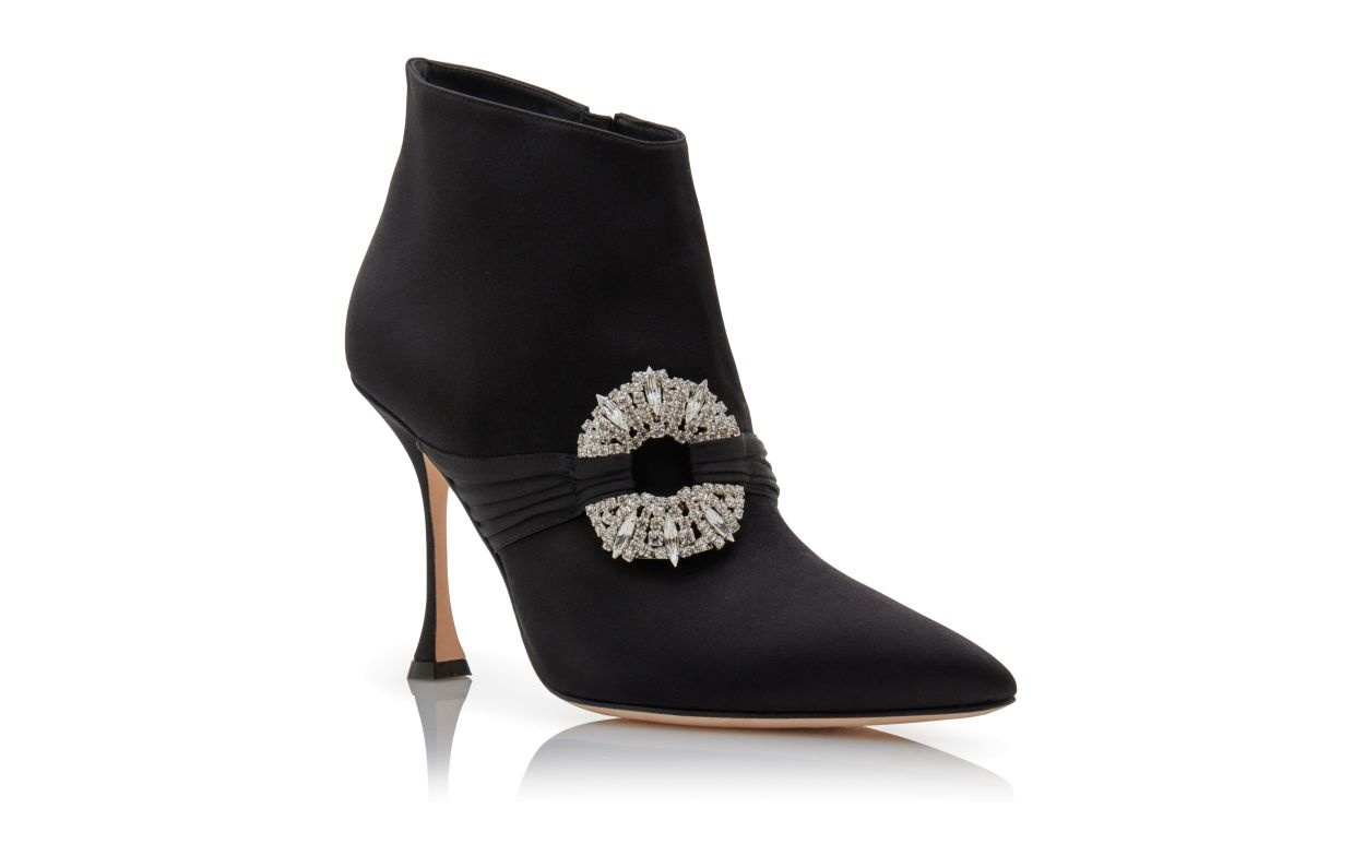 Black Satin Embellished Buckle Ankle Boots - 3
