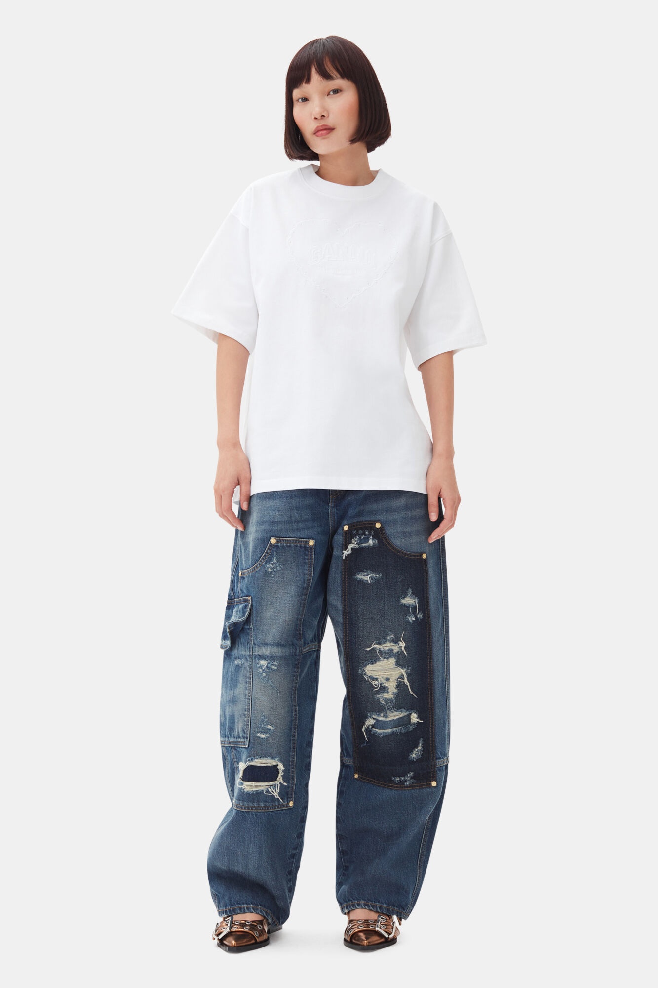 WHITE HEAVY COTTON DROP SHOULDER HEART T-SHIRT - 3