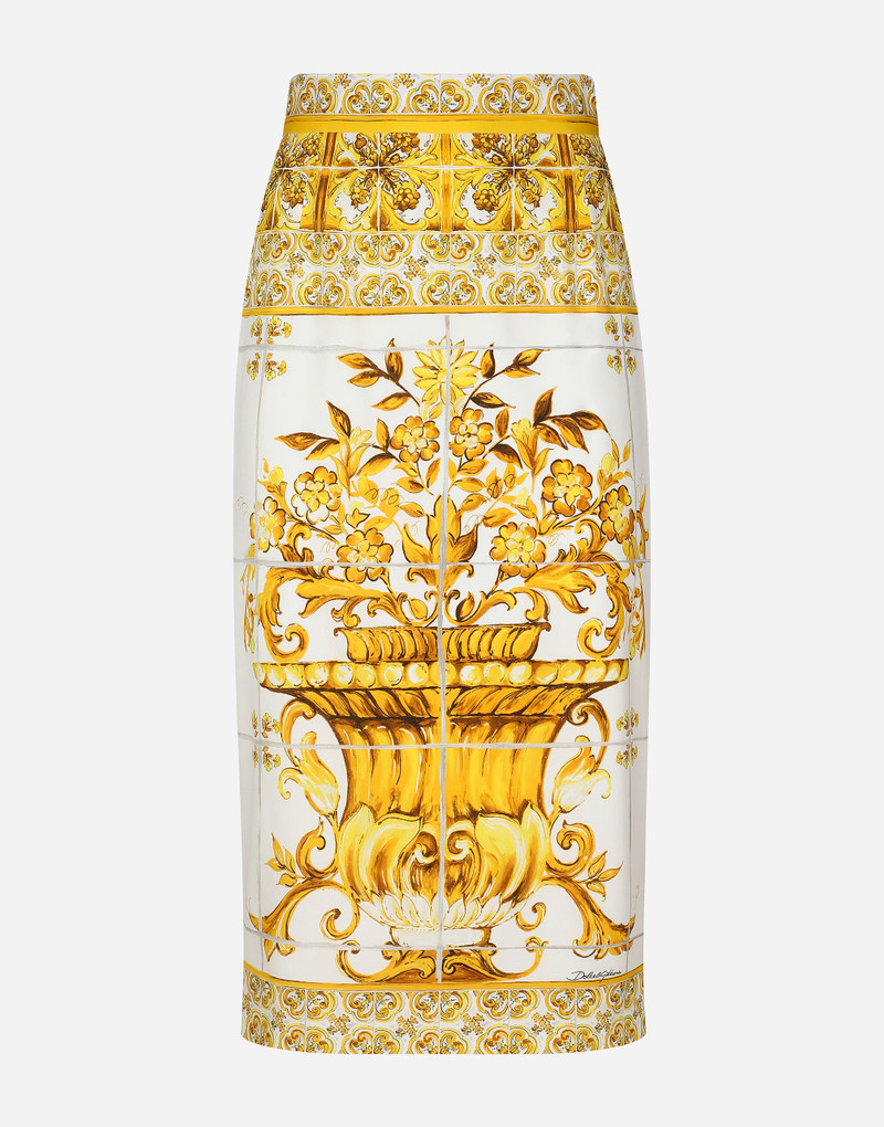 Majolica-print silk charmeuse calf-length skirt 1
