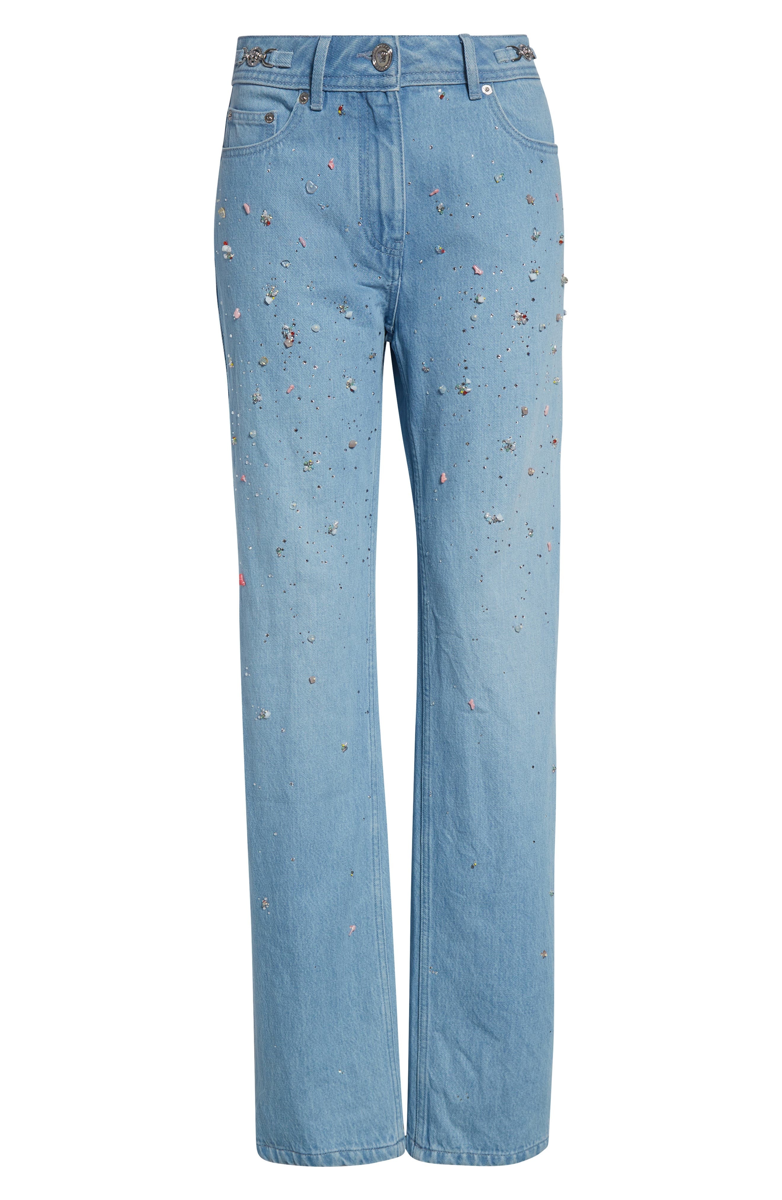 Versace Embellished Straight Leg Jeans in Light Blue at Nordstrom - 6