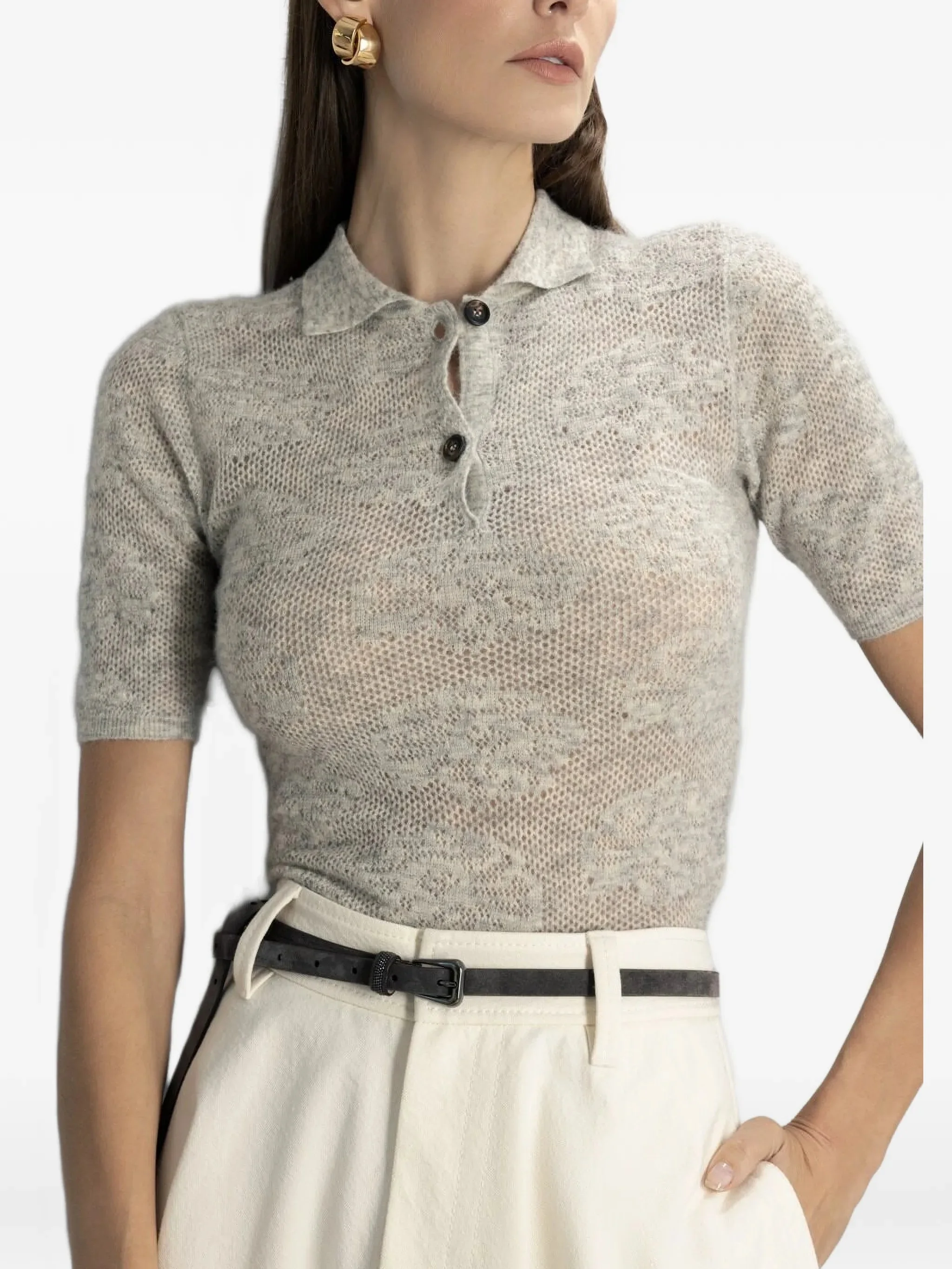 Brunello Cucinelli Floral-intarsia Polo-collar Knitted Top - 1