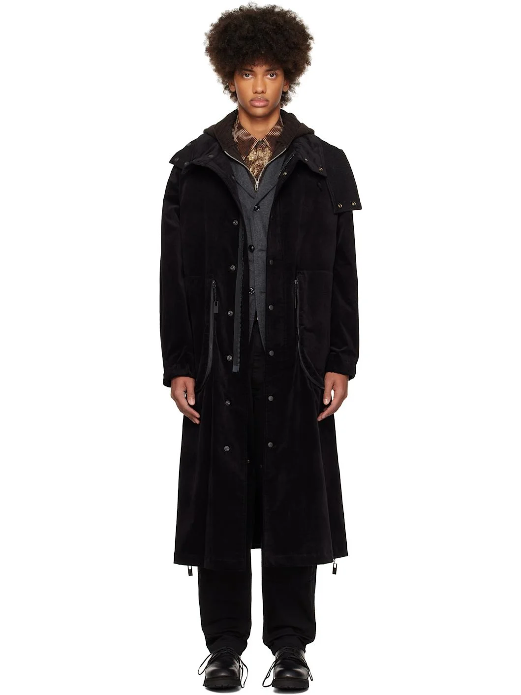 Black M-Velvet Hooded Coat - 1