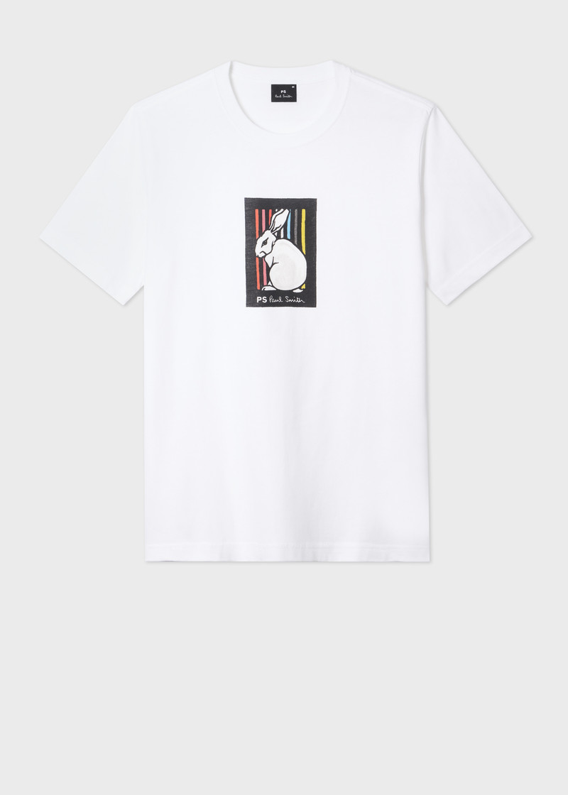White Cotton 'Rabbit Stripe' Print T-Shirt 1