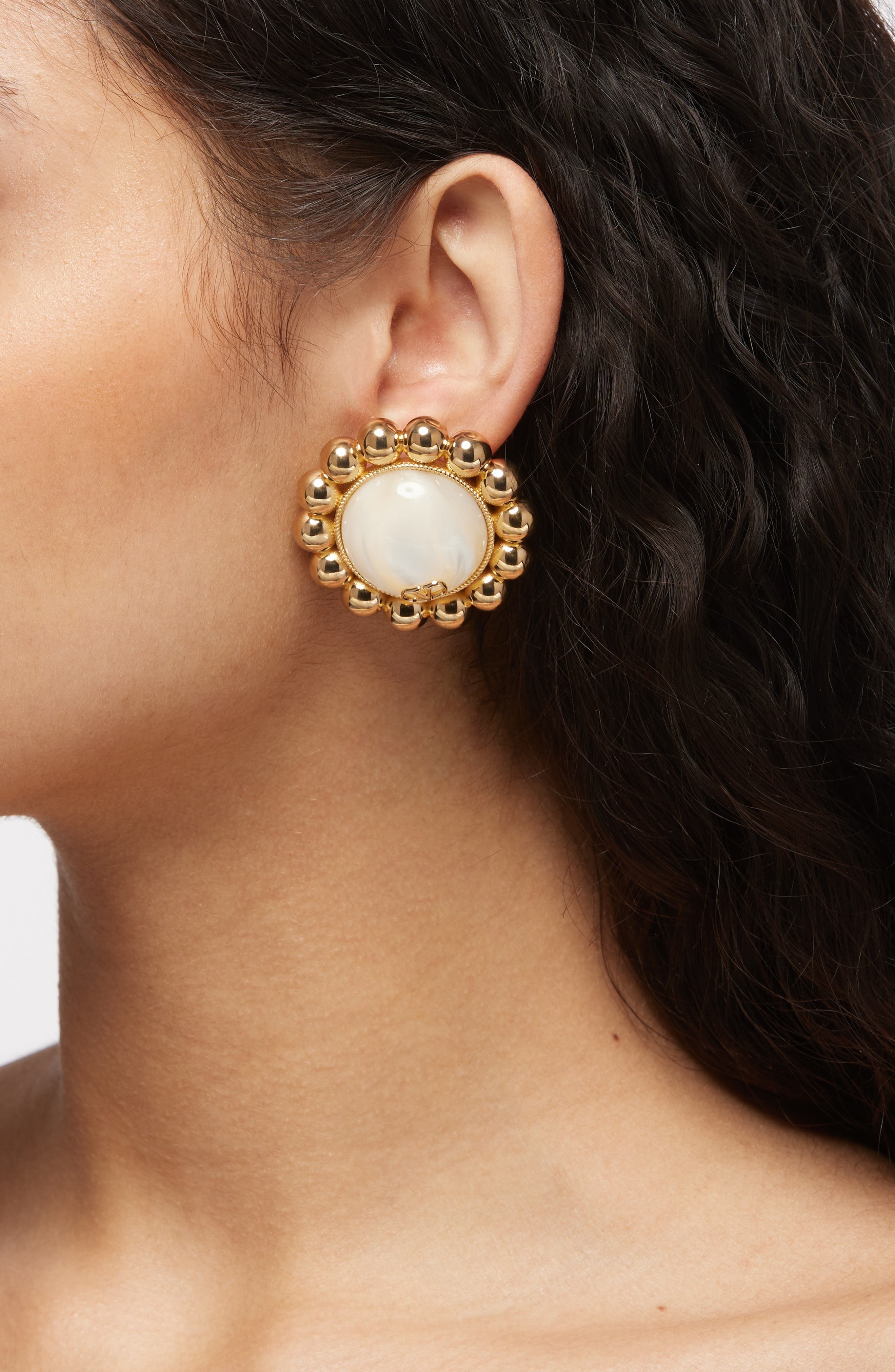Valentino Garavani Pas Plus VLOGO Faux Pearl Clip-On Earrings in Gold/Cream at Nordstrom - 3