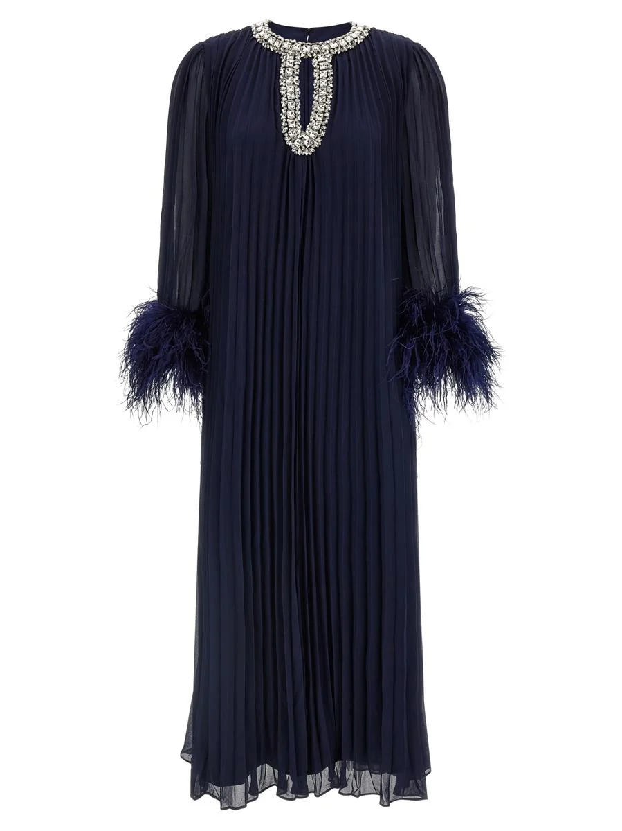 Self-Portrait 'Navy Chiffon Feather Midi' Dress - 1