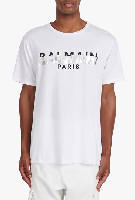 Oversized white eco-designed cotton T-shirt with black and silver Balmain logo print - 5