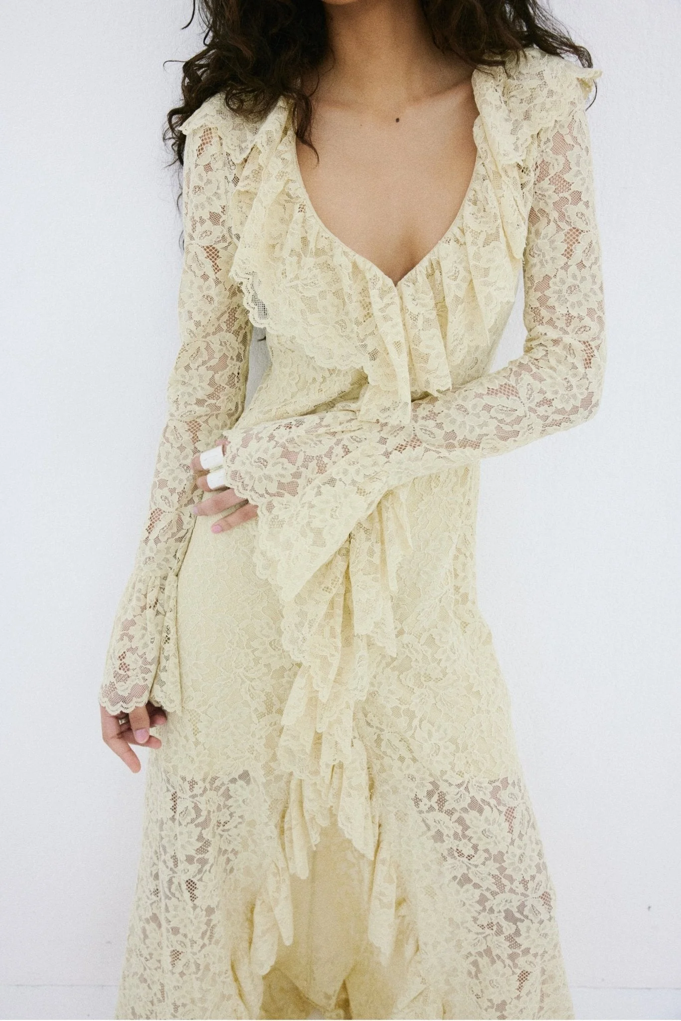 CLEMENTINA MAXI DRESS IN ANTIQUE YELLOW NYLON LACE - 1