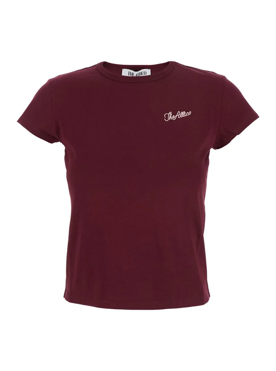 The Attico Bordeaux Crew Neck T-Shirt With Logo Lettering On The Front In Cotton Woman - 1