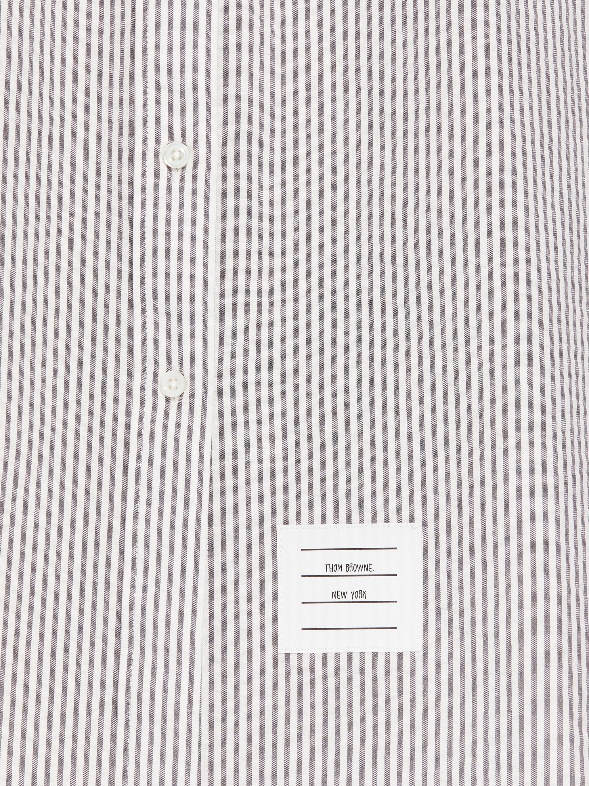 Medium Grey Cotton Seersucker Grosgrain Belt Long Sleeve Below the Knee Shirtdress - 5