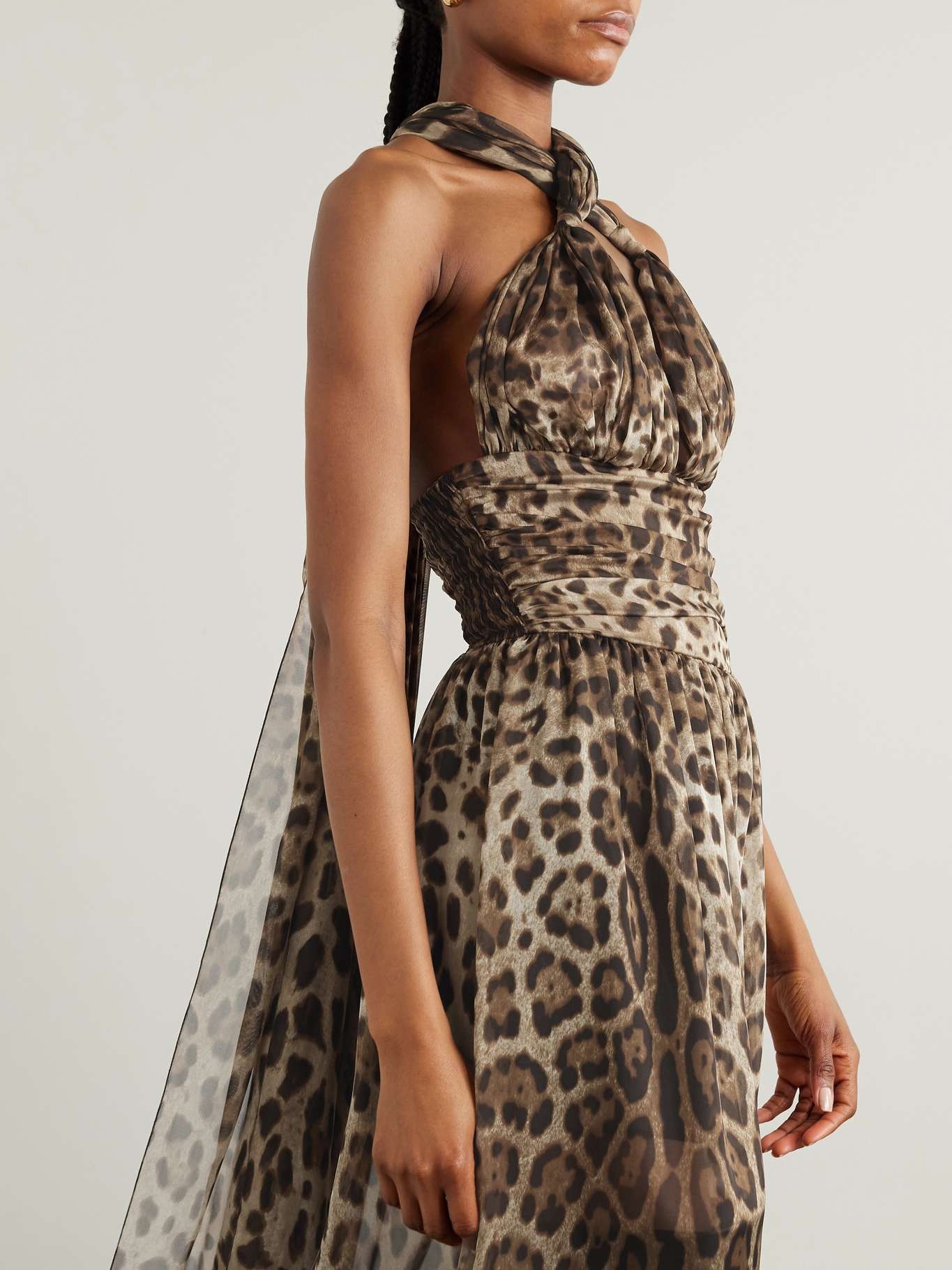 Scarf-detailed smocked leopard-print silk-chiffon gown - 6