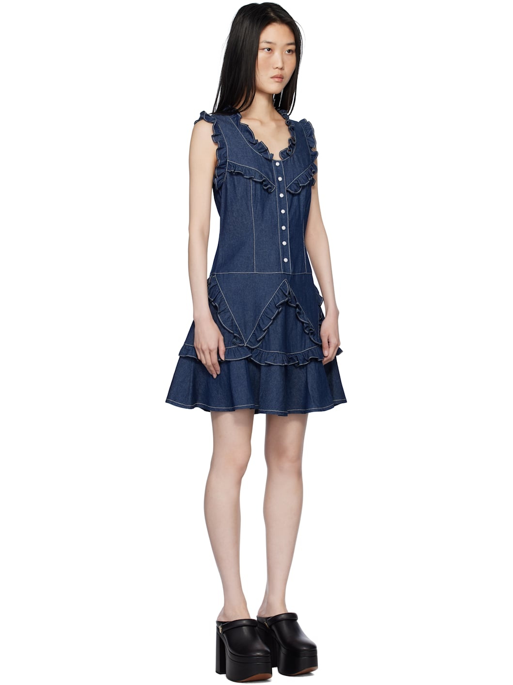 Navy Ruffle Denim Midi Dress - 2