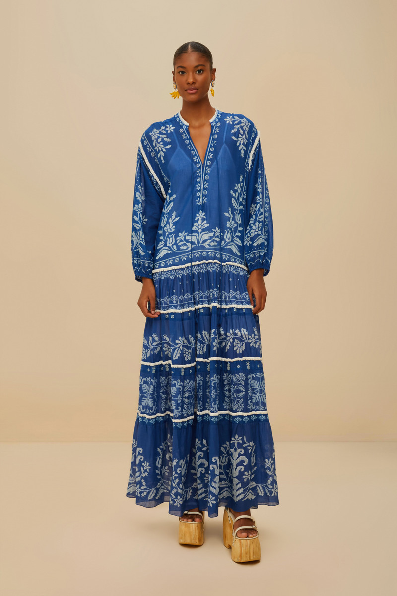 Blue Tropical Cross Stitch Tiered Maxi Dress 1