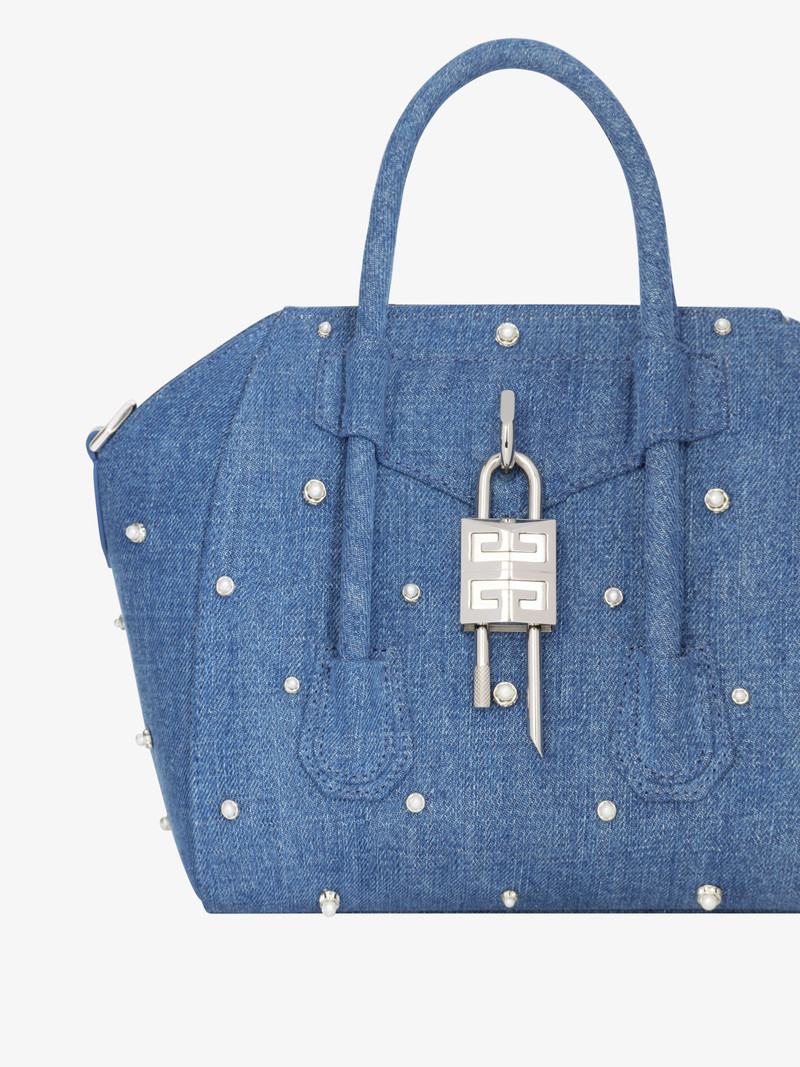 MINI ANTIGONA LOCK BAG IN DENIM WITH PEARLS 6
