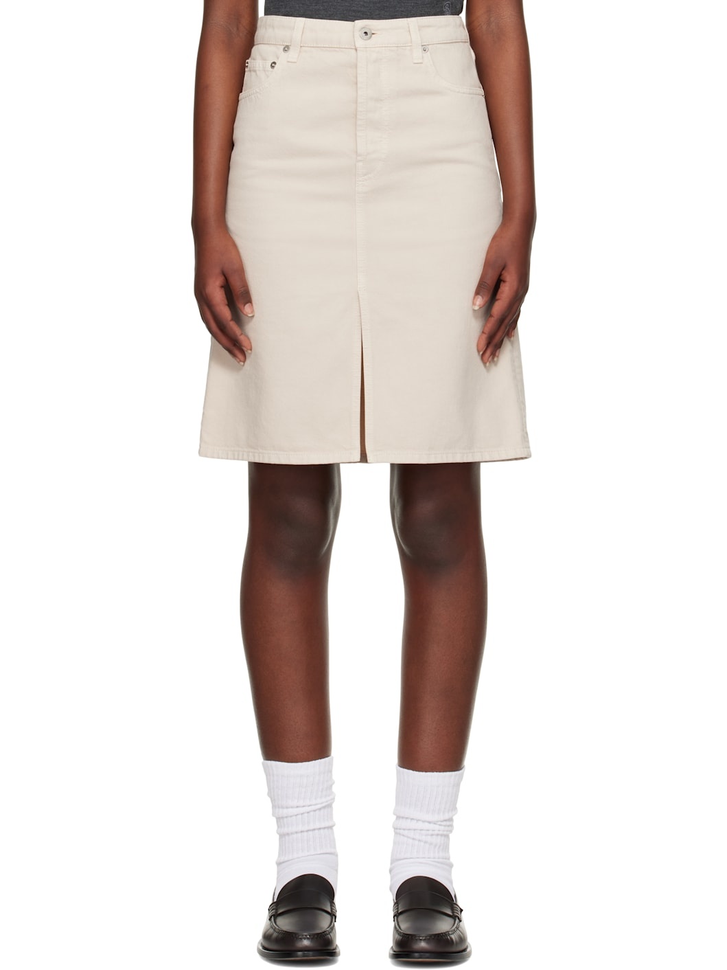 Beige Vented Denim Midi Skirt - 1